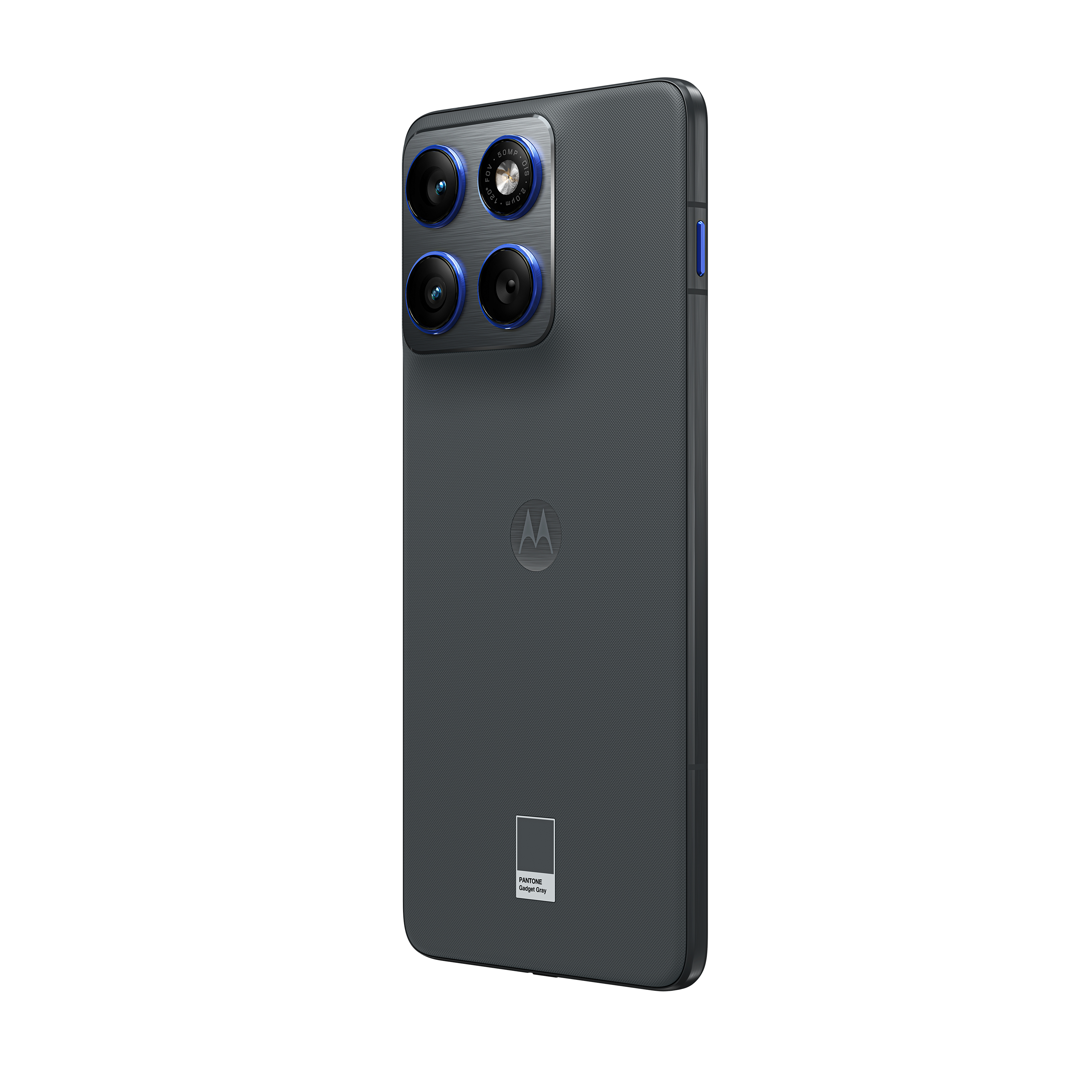 Ein graues Smartphone mit vier Kameras. Das Motorola-Logo ist sichtbar. Unten befindet sich ein Pantone-Farbetikett.