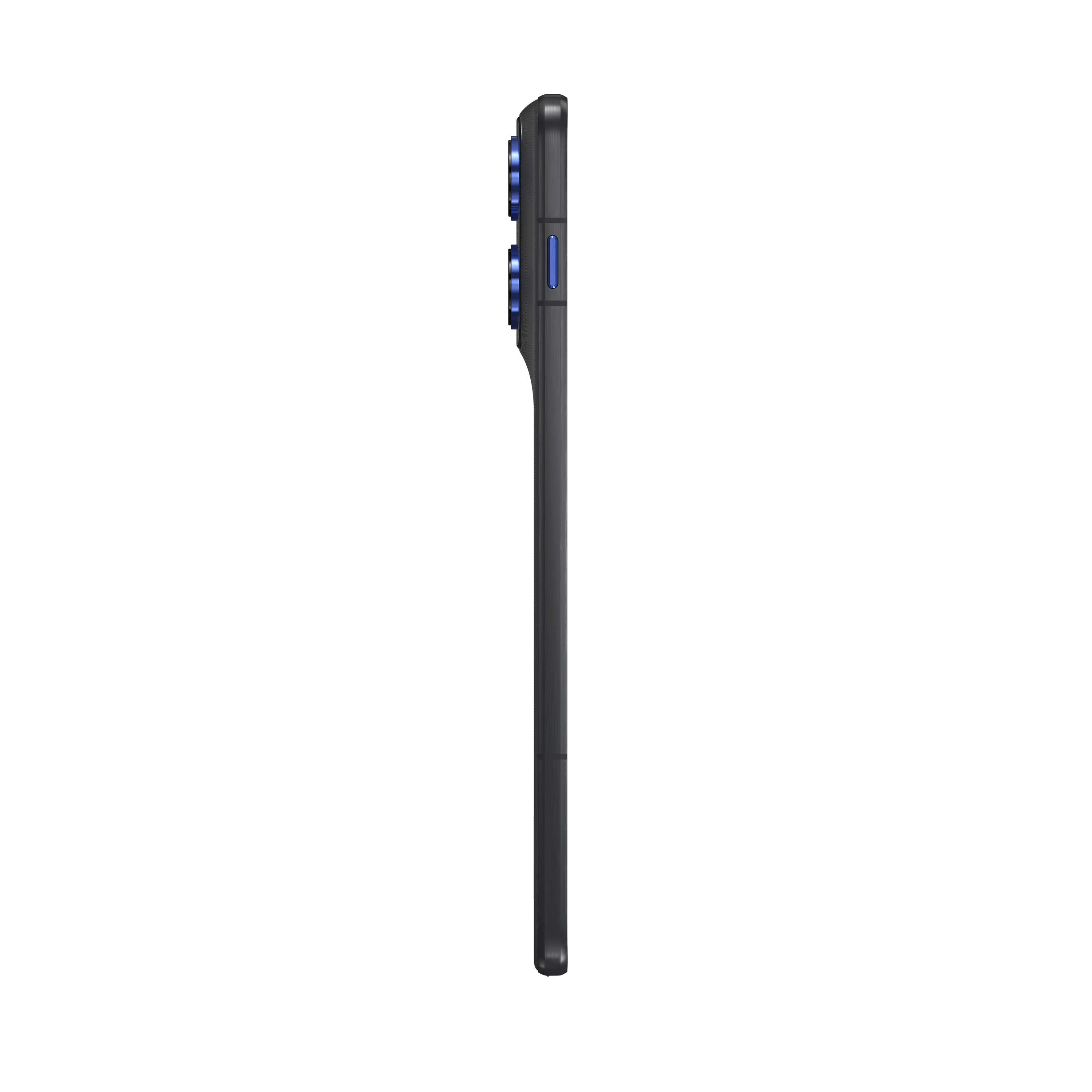Seitenansicht eines dunkelgrauen Smartphones. Es hat blaue Kameralinsen und Tasten. Der Hintergrund ist weiß.