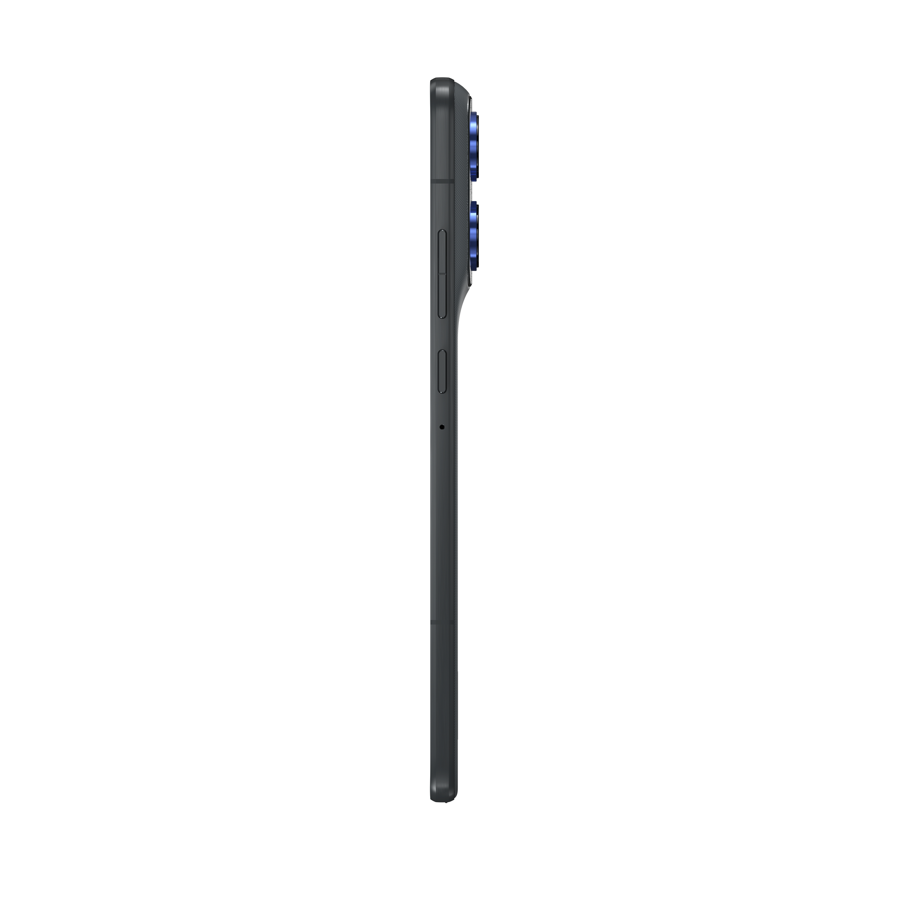 Seitenansicht eines dunkelgrauen Smartphones. Knöpfe und Kameralinsen sind sichtbar. Der Hintergrund ist weiß.