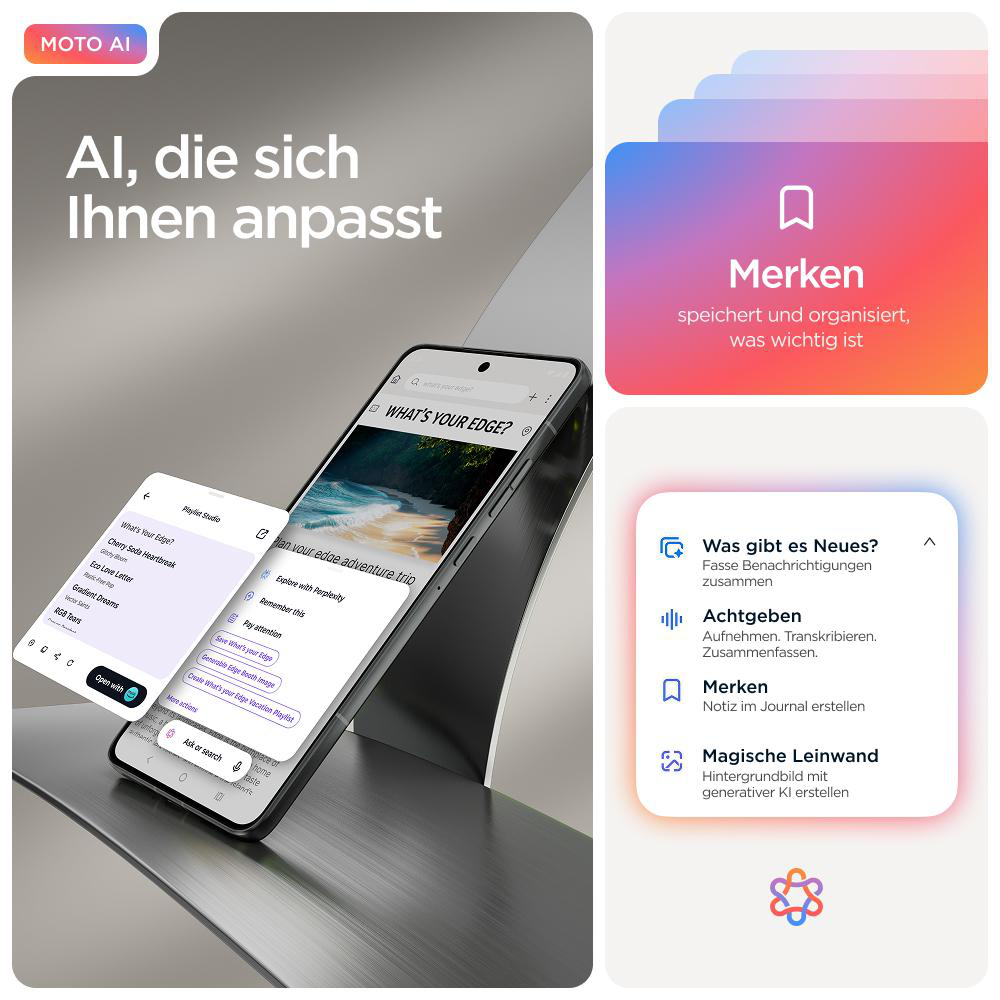 Ein Telefon zeigt App-Funktionen mit Text auf Deutsch und Englisch sowie Symbolen. Marketing-Inhalte mit dem Logo der App.