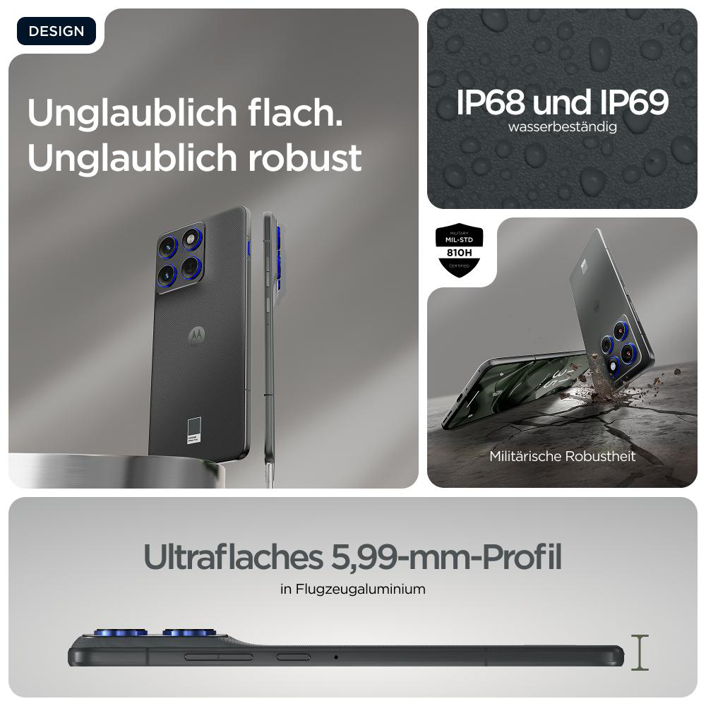 Ein Smartphone mit mehreren Kameras, in verschiedenen Szenarien gezeigt, die Design und Haltbarkeit hervorheben.