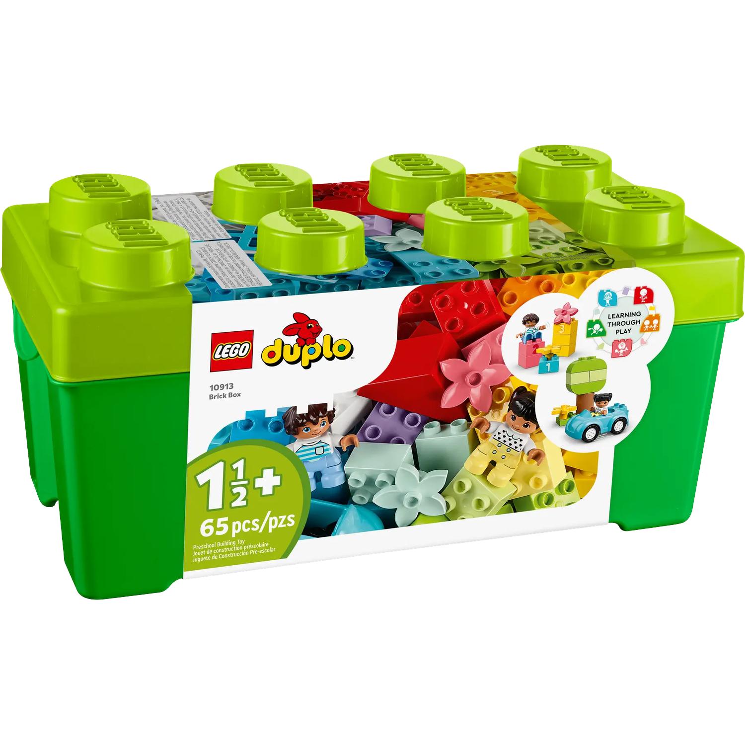 Une boîte de briques Lego Duplo verte remplie de blocs colorés et de figurines Lego. La boîte a des couvercles et des côtés verts.