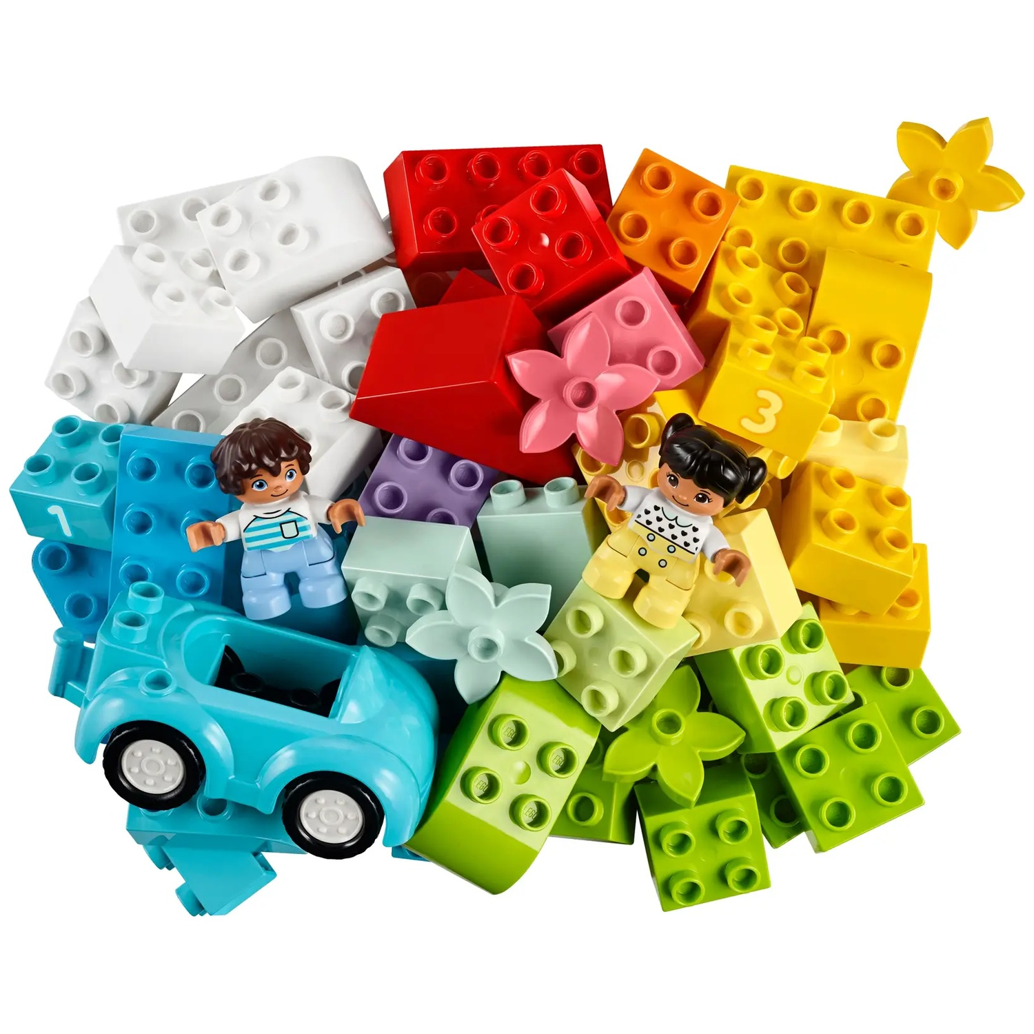 Des blocs et figurines Lego colorés sont disposés. Comprend deux figurines Lego, une voiture bleue et des blocs en forme de fleur. Diverses couleurs sont présentes.