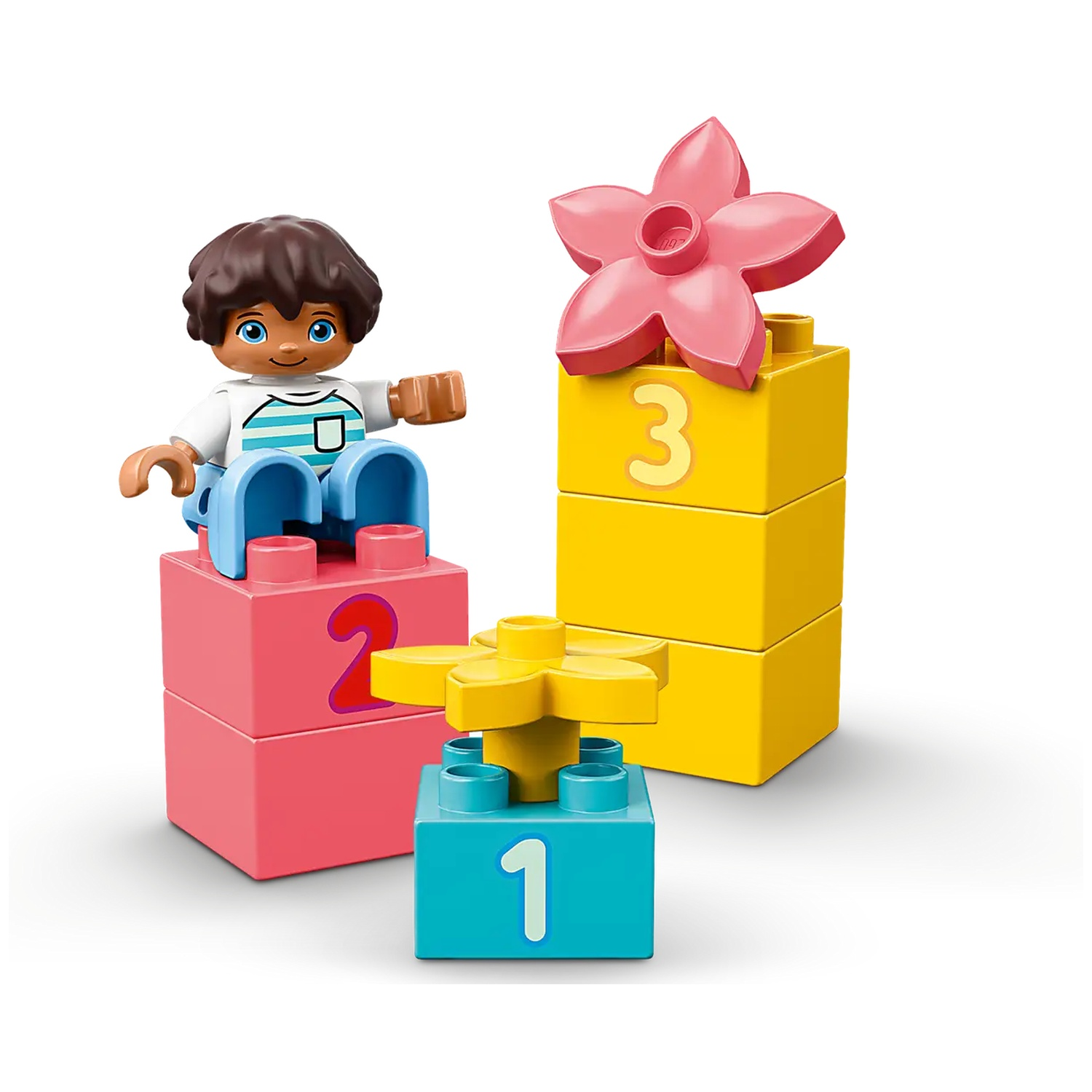 Un ensemble Lego Duplo avec une figurine d'enfant, des blocs et des pièces de fleurs. Les blocs sont numérotés 1, 2 et 3. Les couleurs sont rose, jaune et bleu.