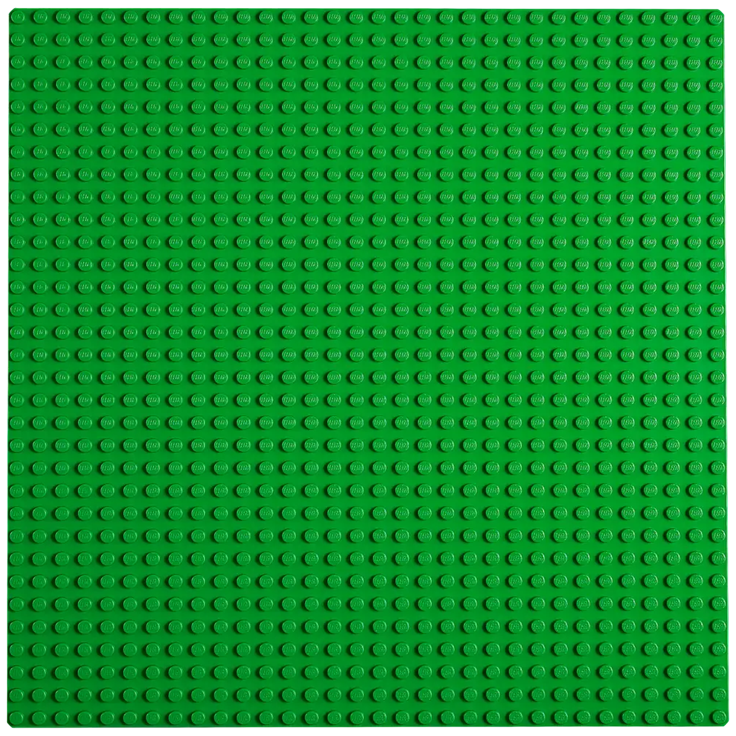 Une plaque de base Lego verte. Elle est carrée et recouverte de petits tenons ronds, disposés en quadrillage.
