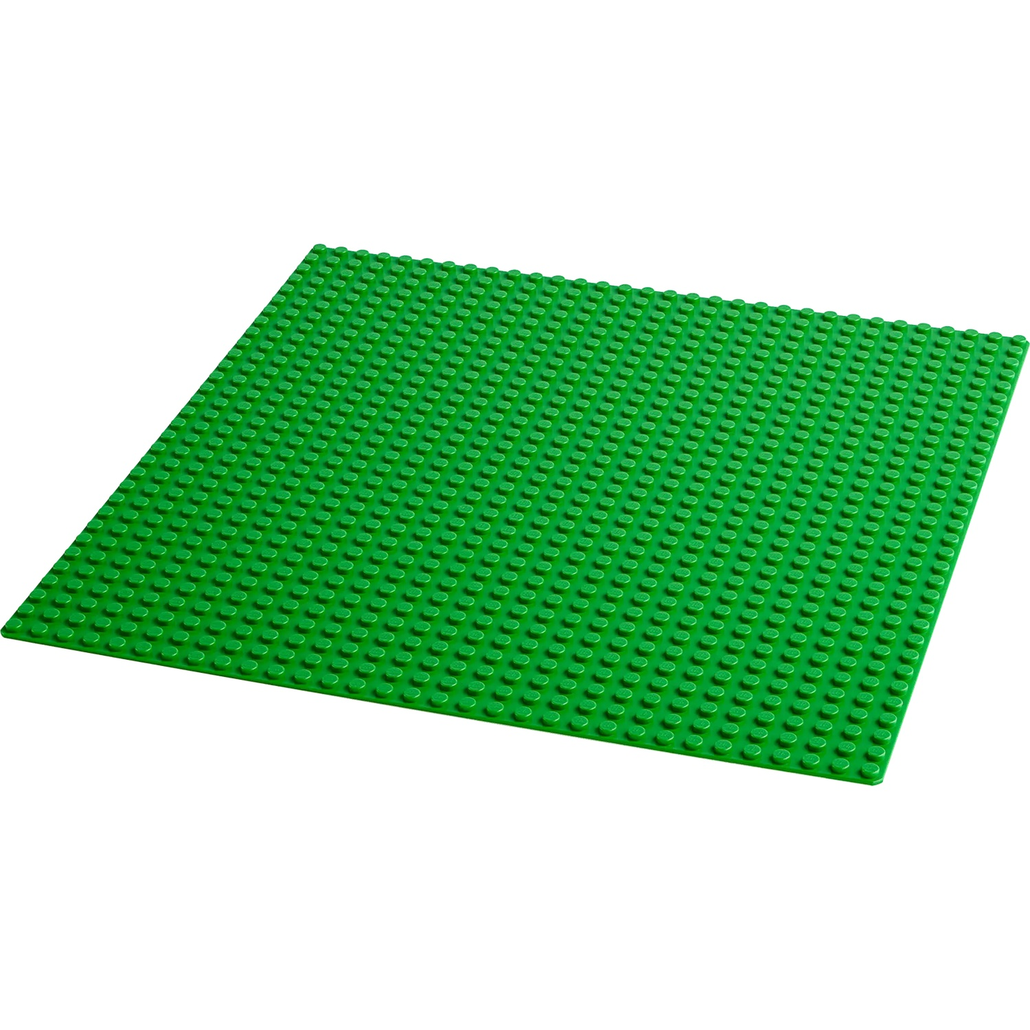 Une plaque de base Lego verte. Elle est rectangulaire avec des tenons espacés uniformément.