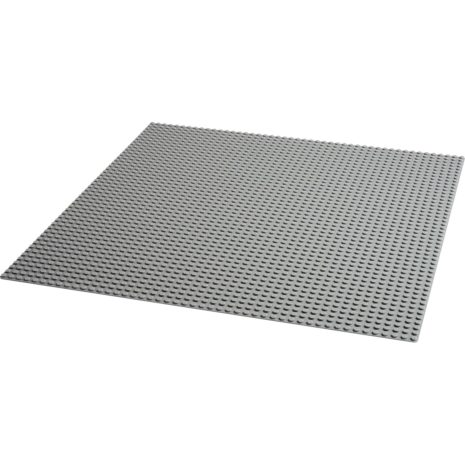 Een grijze Lego-basisplaat. Het is rechthoekig en bedekt met noppen voor het bevestigen van Lego-stenen. De achtergrond is wit.
