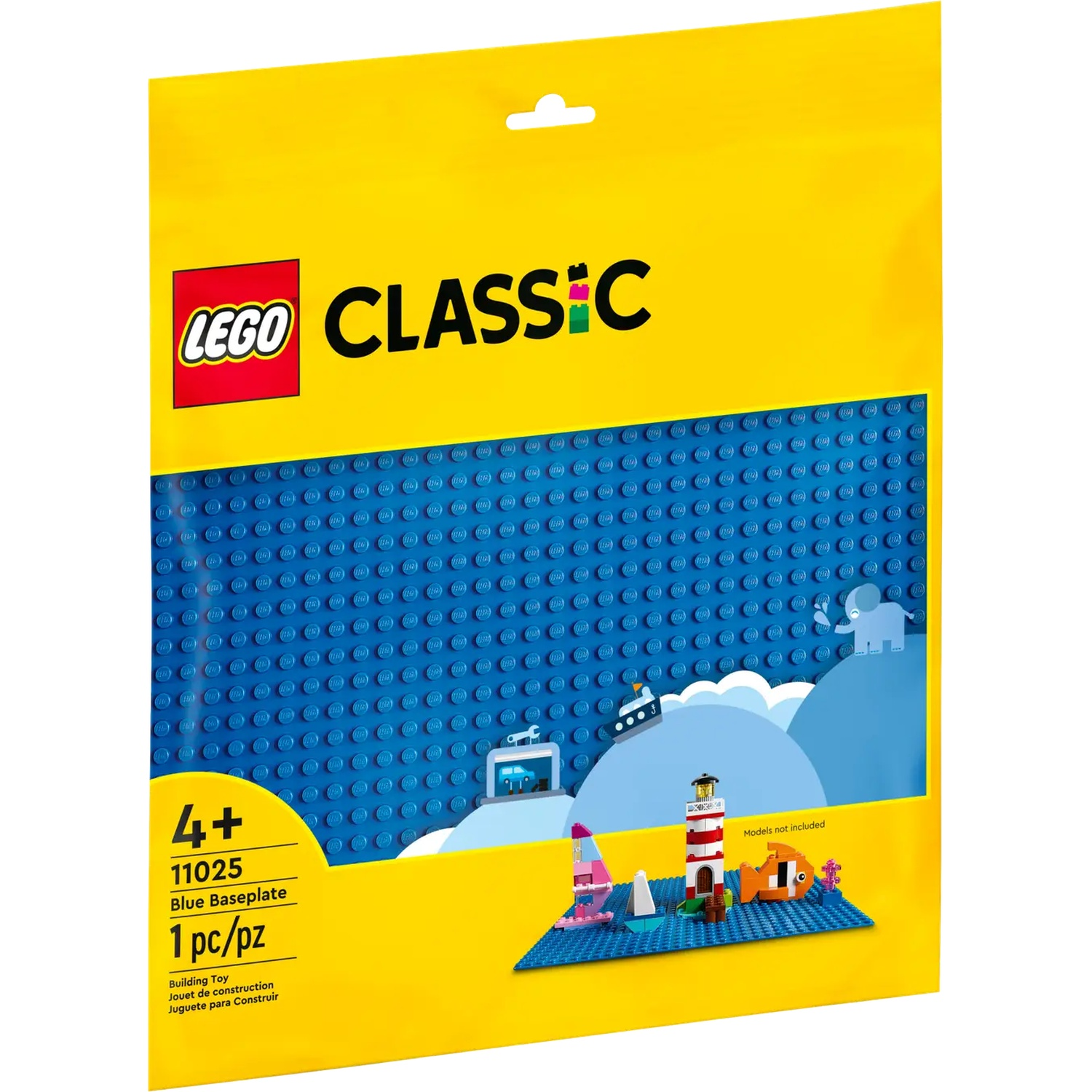Un paquet de base LEGO Classic bleu. Il montre une base bleue avec un petit modèle Lego. L'emballage est jaune.