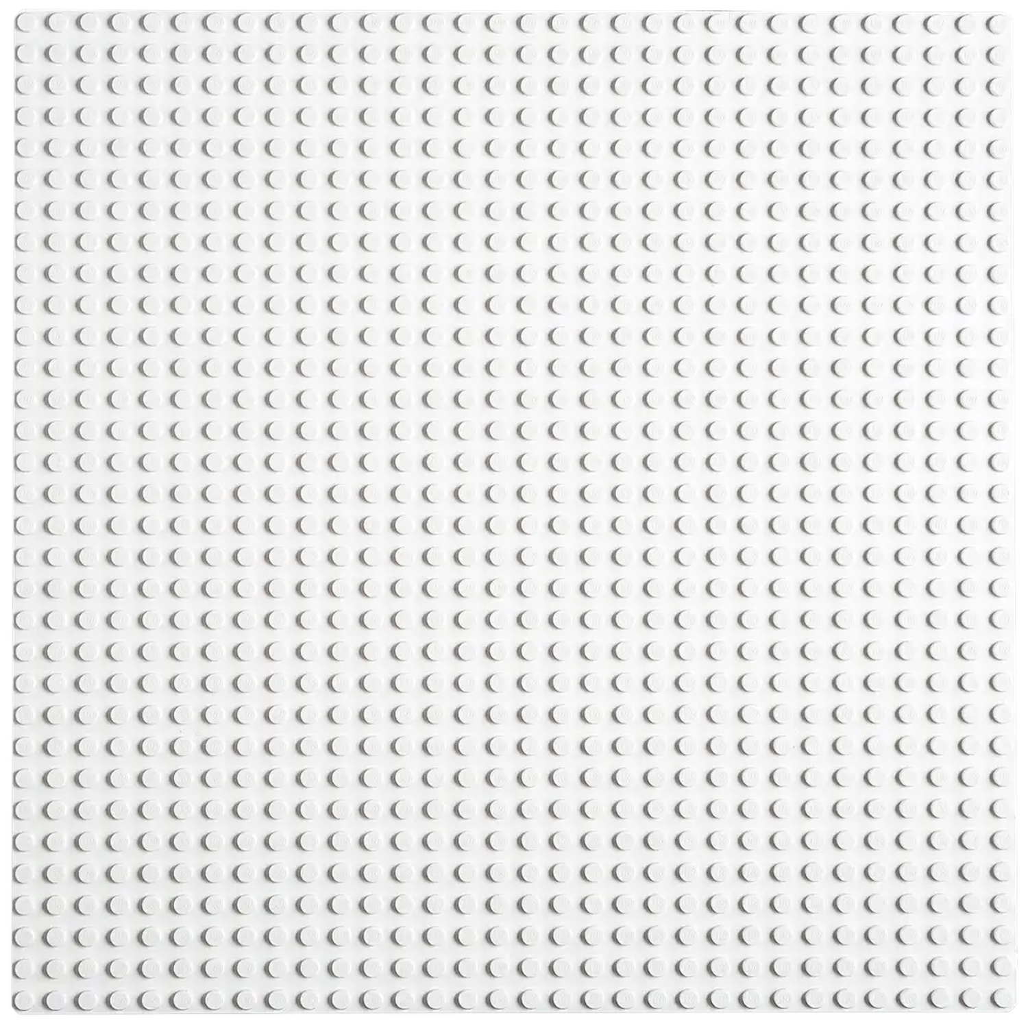 Une plaque de base Lego carrée blanche avec de nombreux tenons circulaires petits et espacés uniformément.