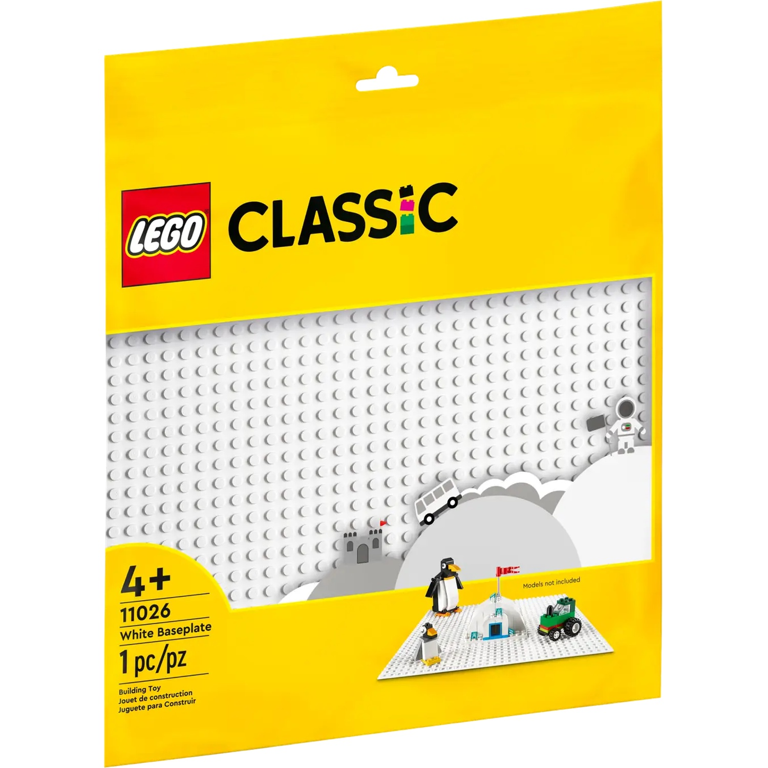 Un emballage LEGO Classic jaune. Il contient une plaque de base blanche et quelques petits modèles LEGO. Le logo LEGO est visible.