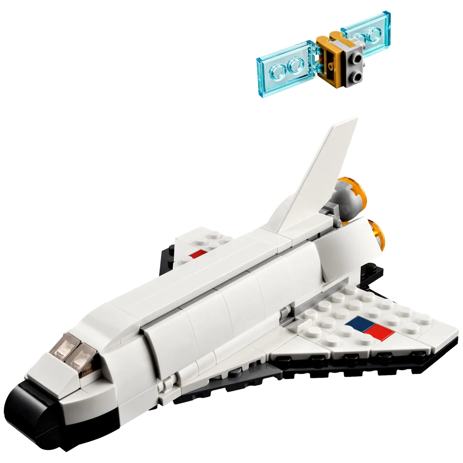 A Lego space shuttle and a satellite are set against a white background. The shuttle is white with black and orange details.