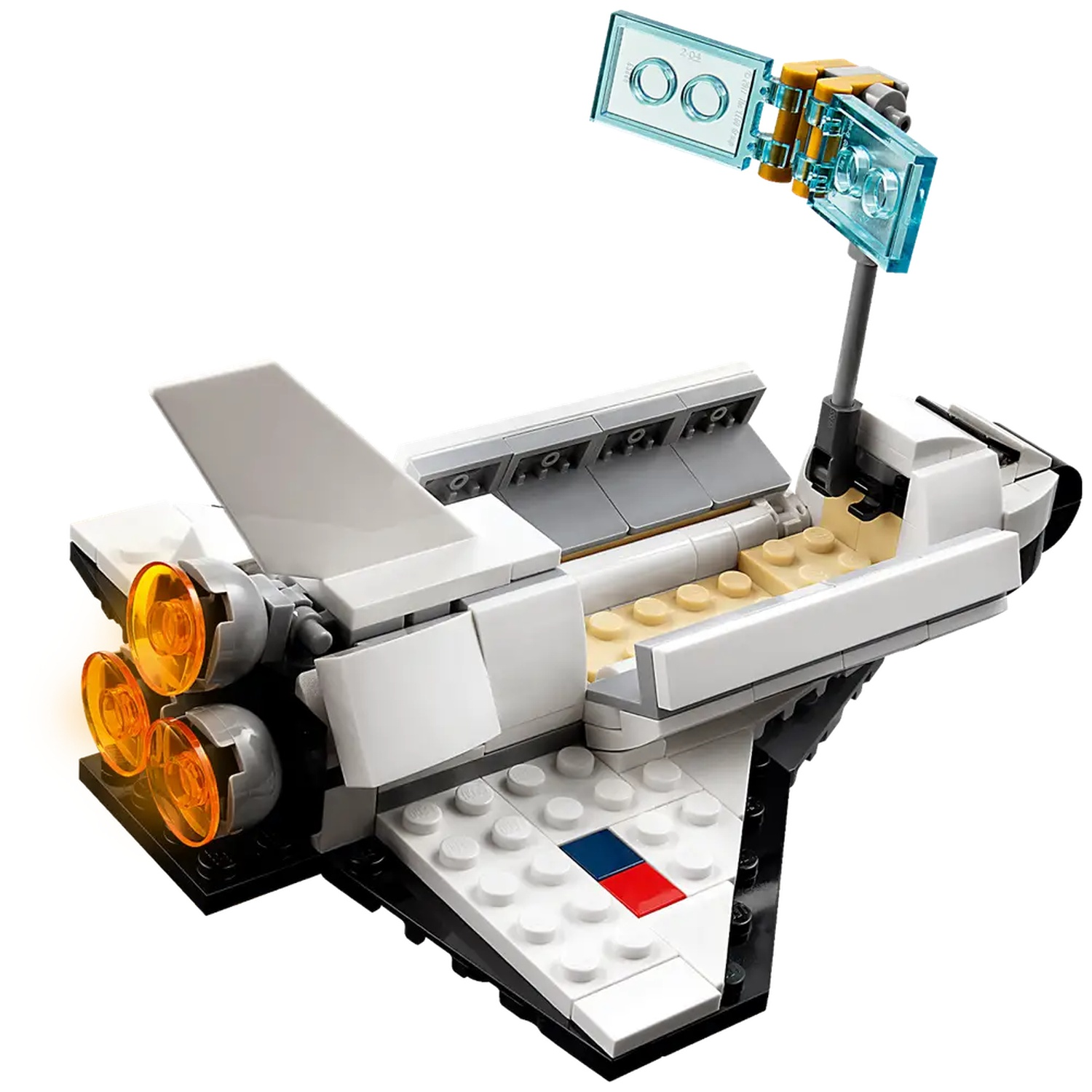 A Lego spaceship model. It is white, with gray and black accents. It has orange engine lights and a blue transparent panel on top.