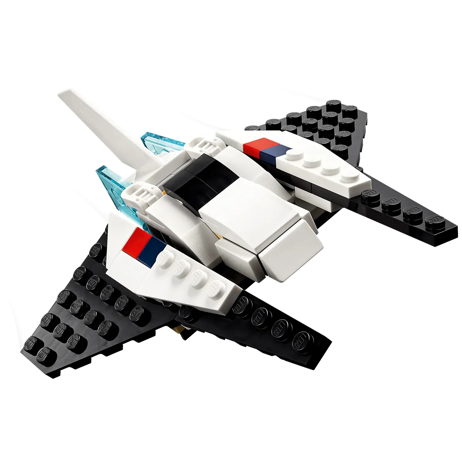 A Lego spaceship model, white and black with blue and red details. It has wings and a long tail, set against a white background.