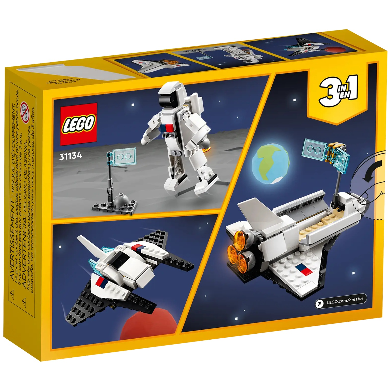Lego box shows 3 space builds: astronaut, space shuttle, and spaceship. Includes a planet, moon, and stars in a yellow framed box.