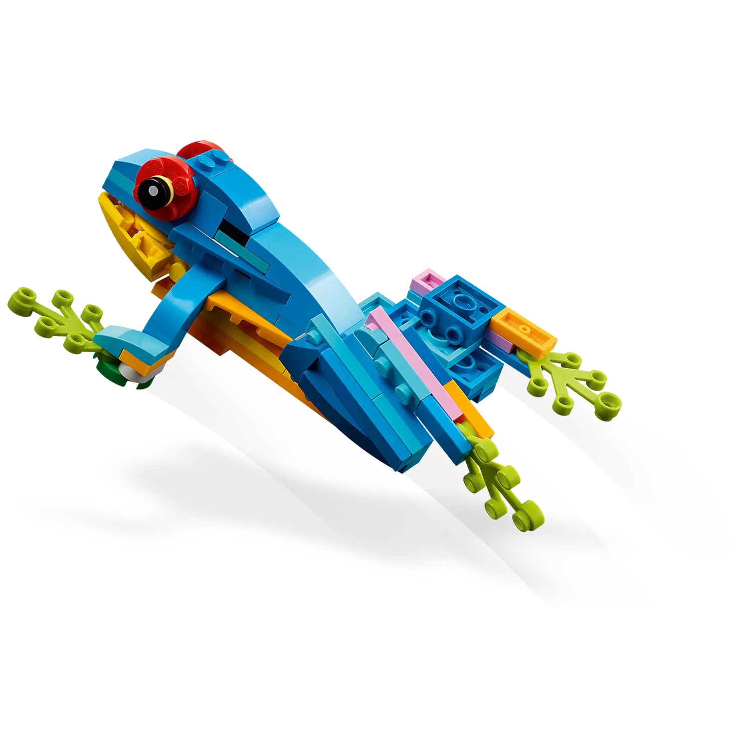 Een blauwe Lego-kikker met rode ogen, gele mond en groene poten, tegen een witte achtergrond.