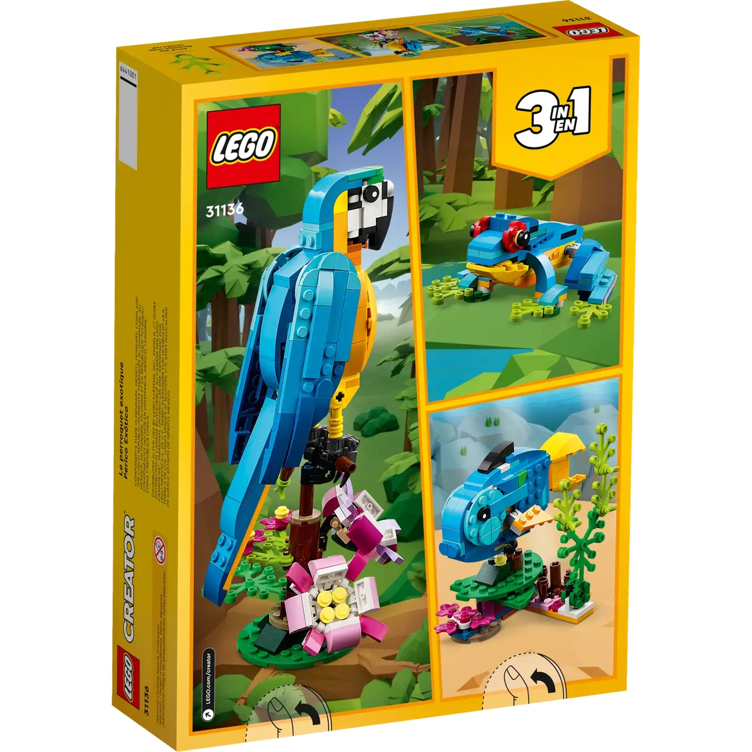 LEGO-set. Beschikt over een papegaai, een kikker en een vis gemaakt van LEGO-stenen.