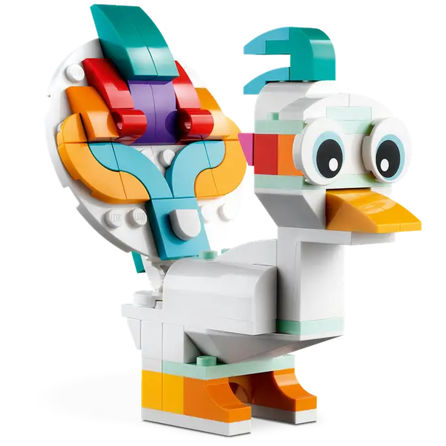 Un oiseau Lego fait de blocs blancs, oranges, turquoise, rouges et violets. Il a de grands yeux, un bec orange et une queue colorée.