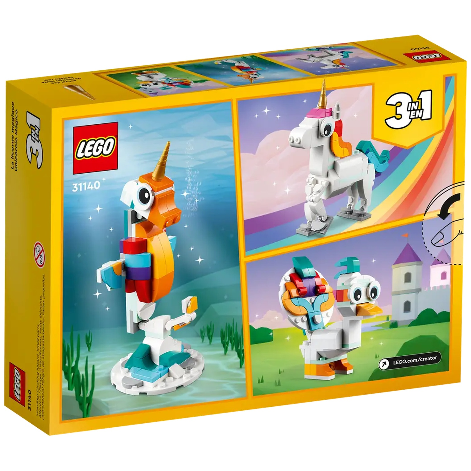 Une boîte LEGO présente trois modèles : un hippocampe, une licorne et une créature aviaire. La boîte est jaune avec le logo LEGO et le numéro de l'ensemble.