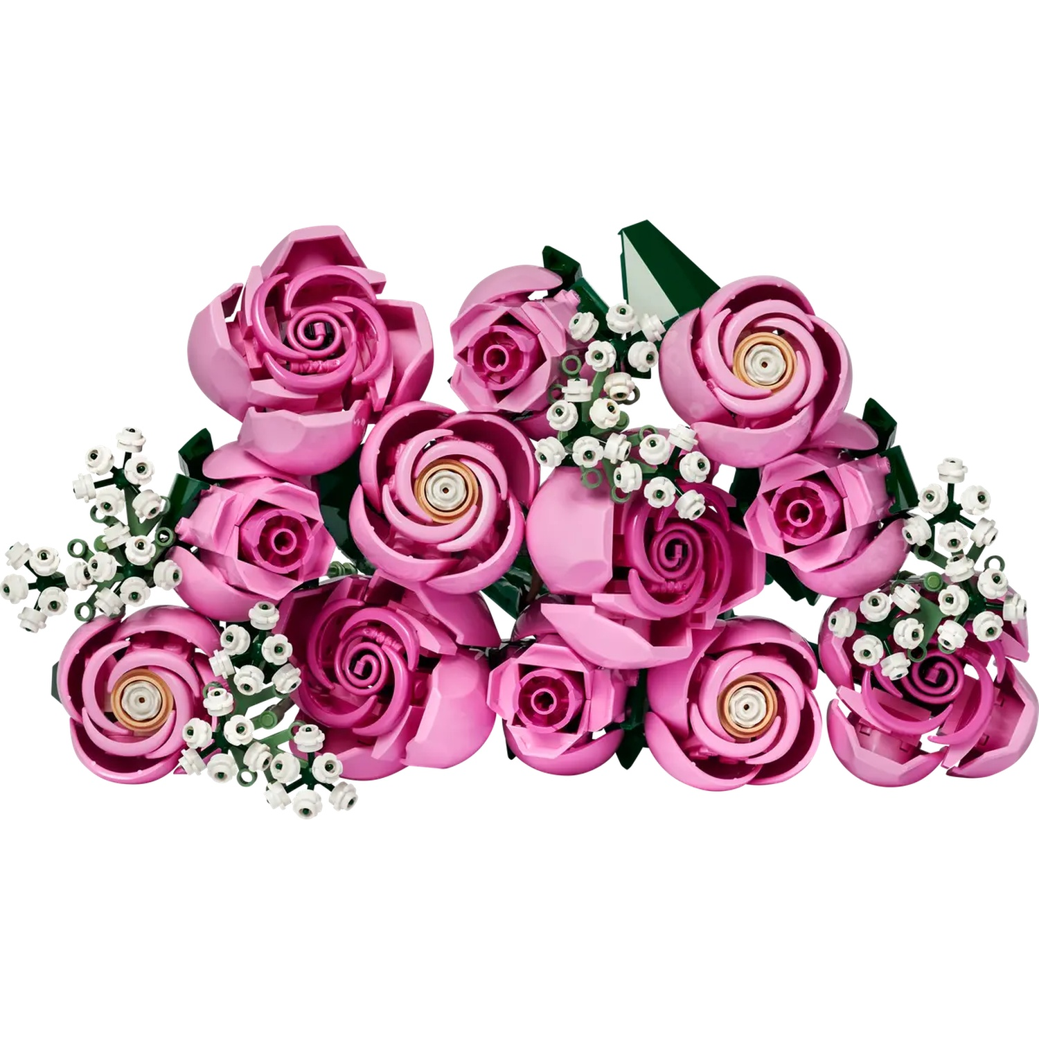 Een boeket van roze rozen, witte knoppen en groene bladeren. De rozen staan in volle bloei, met gelaagde bloemblaadjes en een gouden hart.