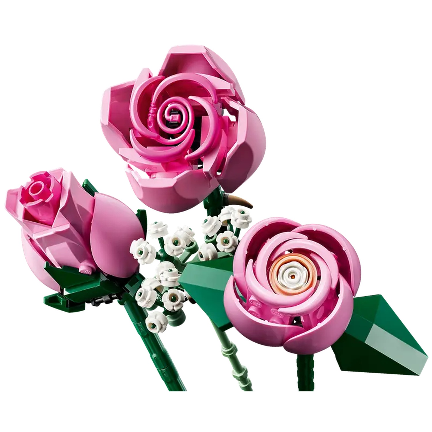 Drie roze Lego-rozen met groene stelen en bladeren tegen een witte achtergrond.