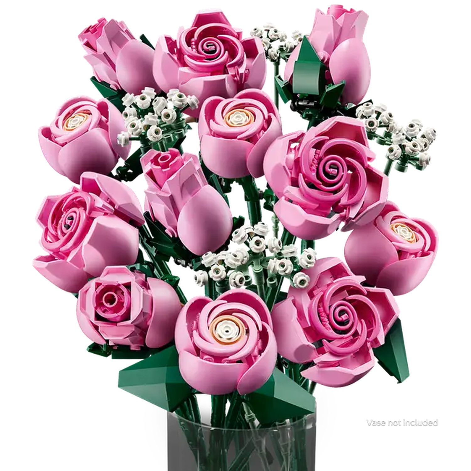 Een boeket roze Lego-rozen, met groene stelen en witte accenten. De bloemen staan in een transparante vaas, die niet is inbegrepen.