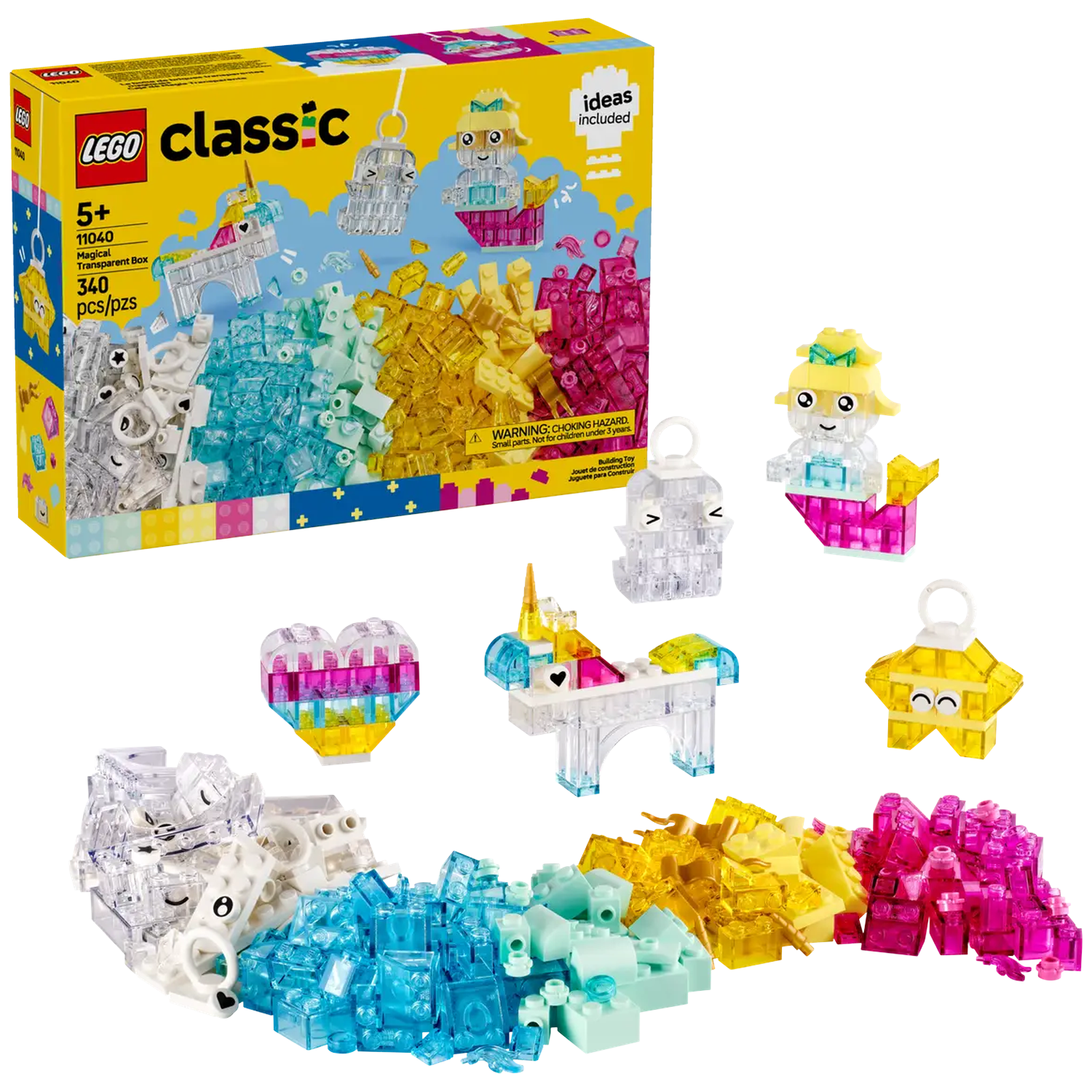 Un ensemble Lego Classic avec une boîte et divers blocs et figurines Lego transparents, dont une licorne, un cœur et une étoile.