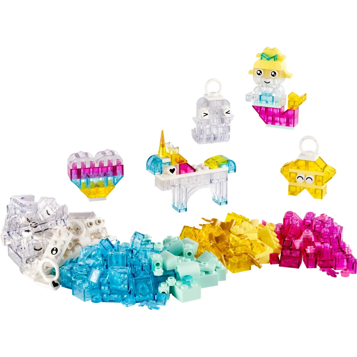 L'image présente divers blocs de jouets colorés. Comprend un cœur, une licorne, une sirène, une étoile et des piles de blocs de différentes couleurs.