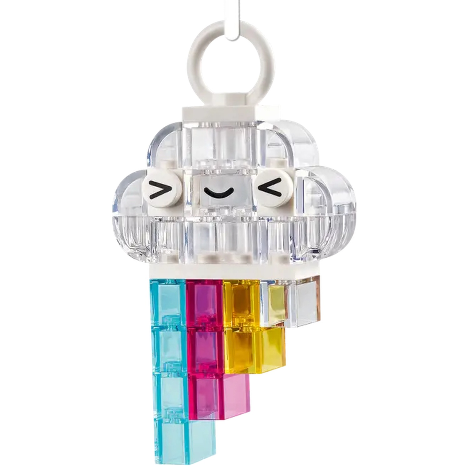Une pièce Lego transparente en forme de nuage avec un arc-en-ciel en dessous, un visage souriant et un anneau blanc en haut.
