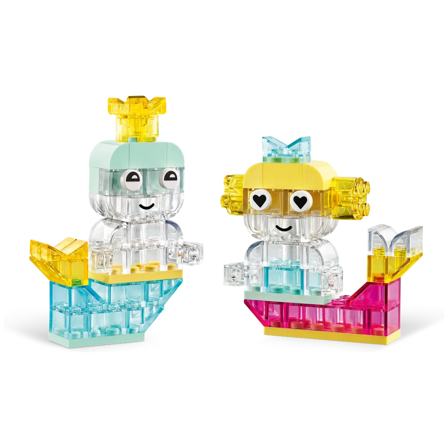 Deux figurines Lego. L'une a une tête vert clair et une couronne jaune, l'autre a une tête jaune et une couronne bleue.
