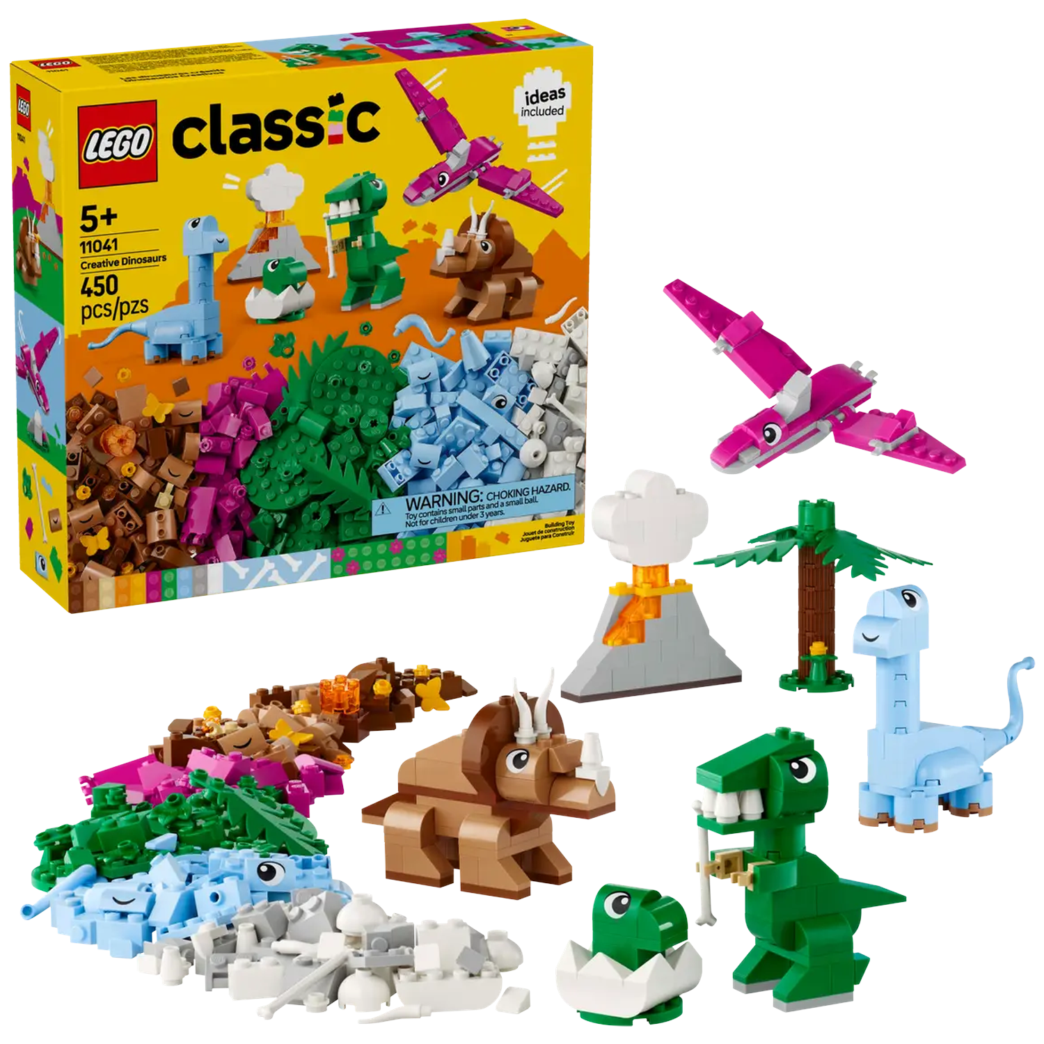 Ensemble Lego avec dinosaures, volcan et avion. Contient des blocs de couleurs variées. Inclut une boîte avec des détails et le logo Lego.