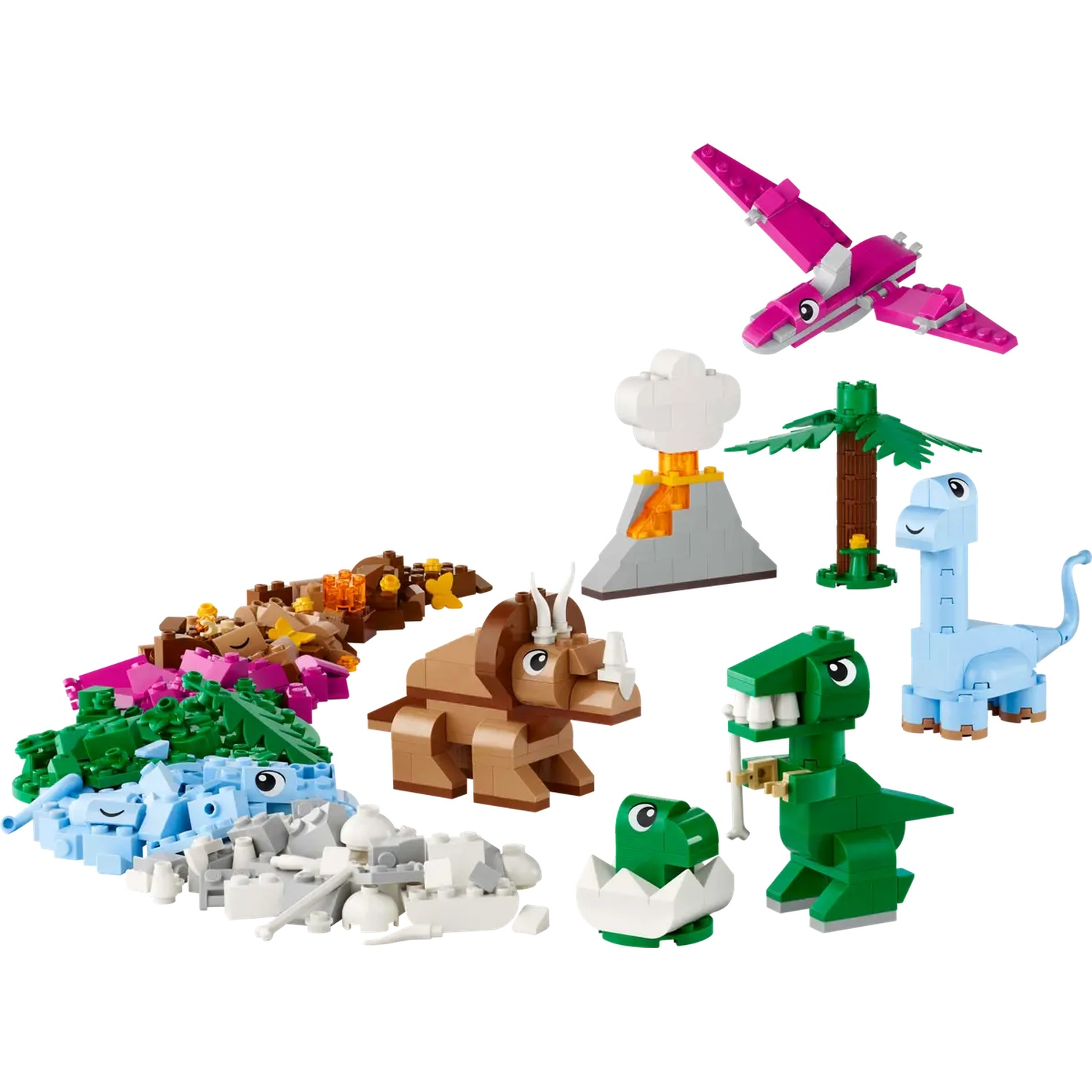 Dinosaures jouets colorés faits de blocs, dont un tricératops, un ptérodactyle, un volcan et des dinosaures verts et bleus.