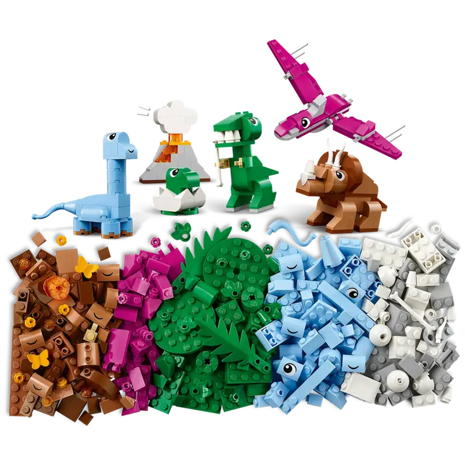 Ensemble Lego avec diverses figurines de dinosaures et un volcan. Blocs marron, rose, vert, bleu et gris en bas.