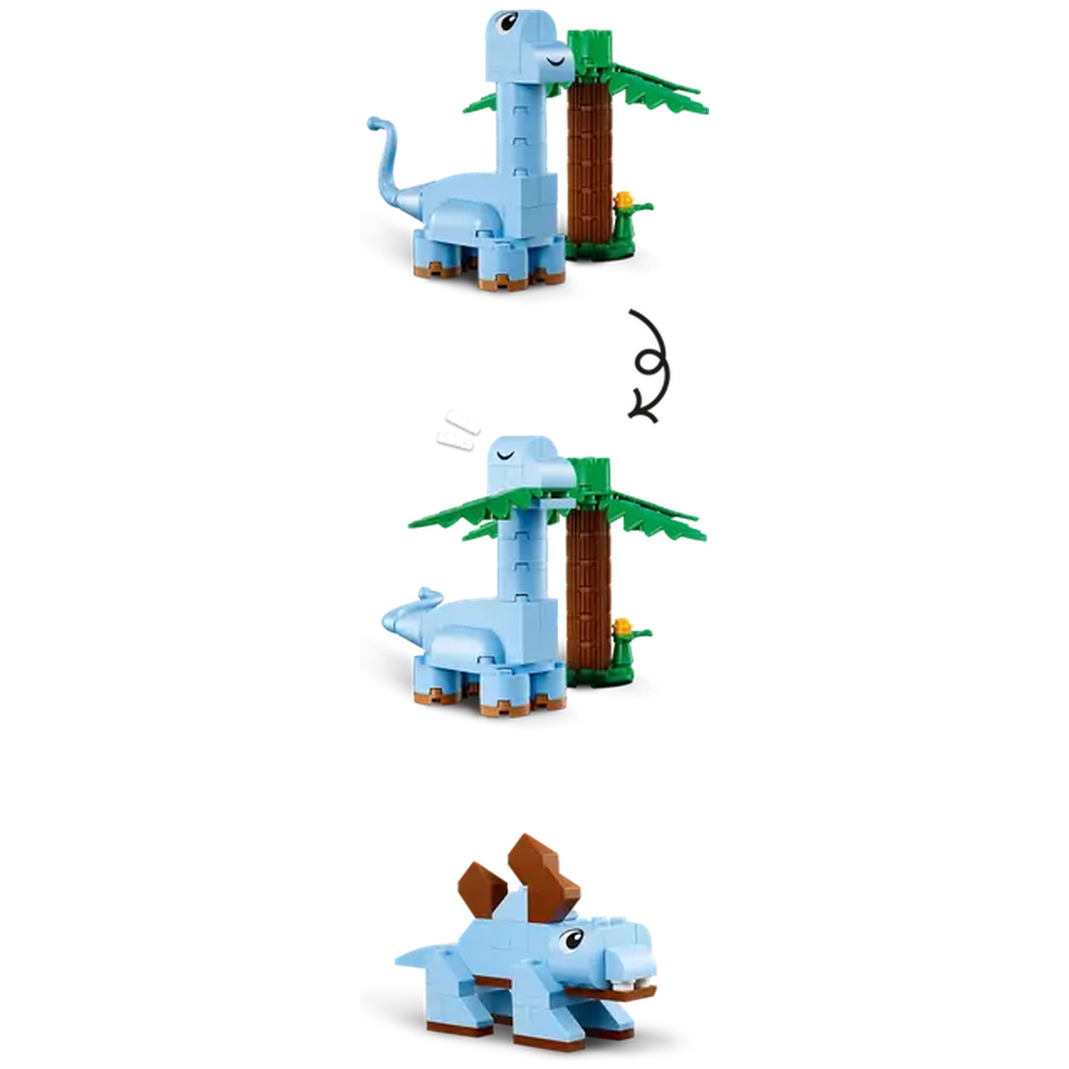 Dinosaure jouet bleu avec un palmier, instructions de construction. Un autre dinosaure bleu avec un palmier et un dino marron.