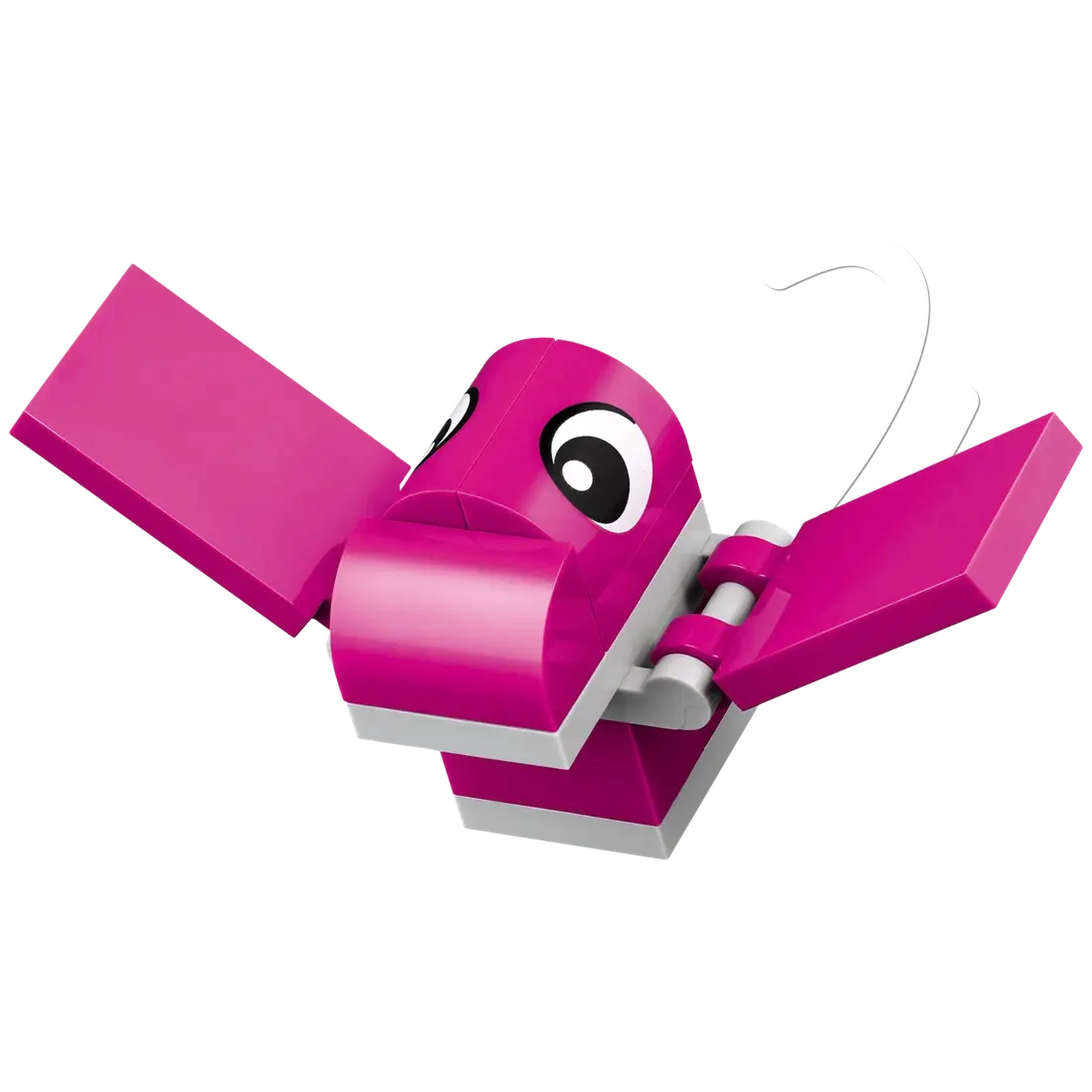 Un oiseau Lego magenta avec des accents blancs et gris, ailes déployées. Il a un bec, des yeux et une ligne incurvée au-dessus de sa tête.