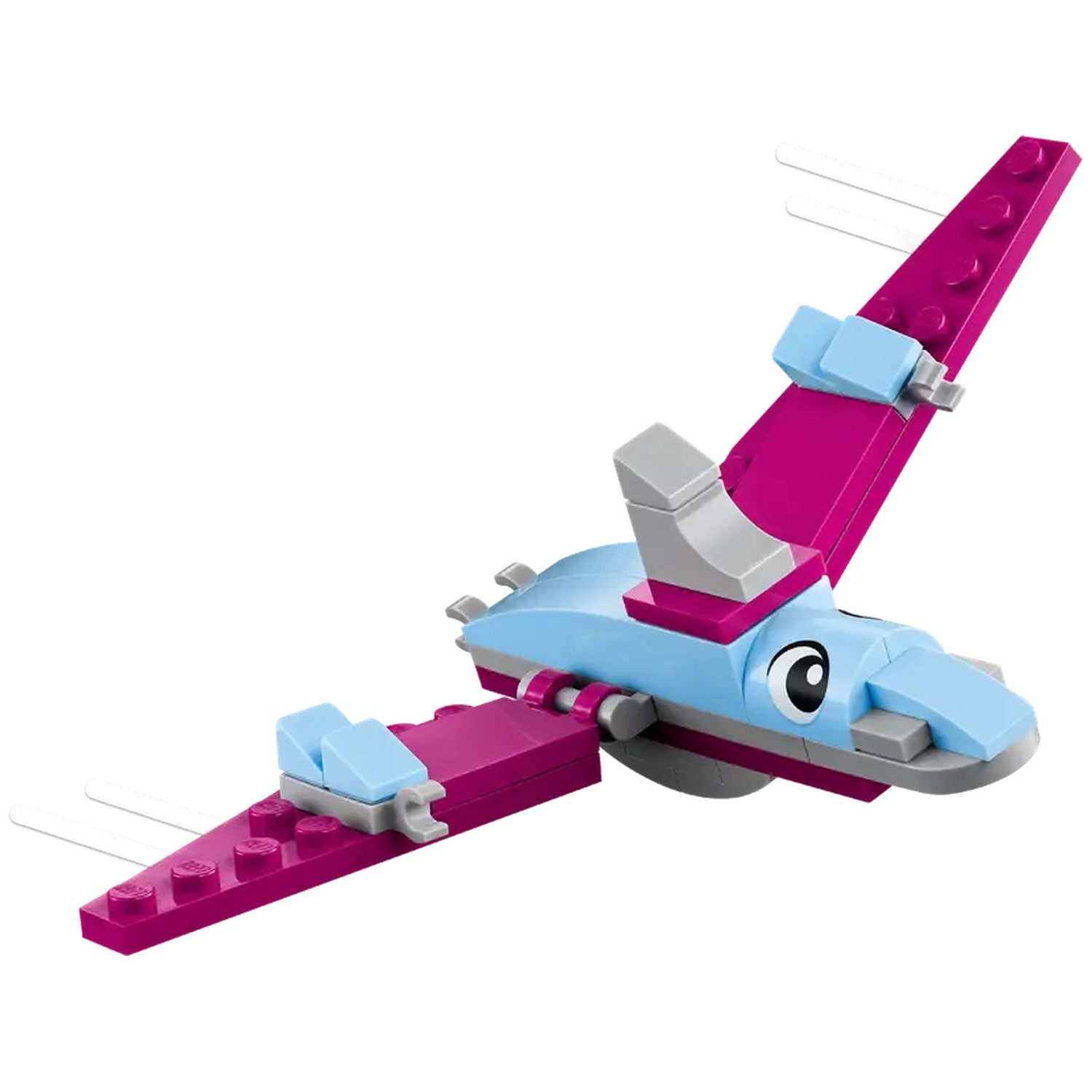 Un avion Lego avec des ailes roses, un corps bleu clair et des accents gris sur fond blanc. Il a un œil de dessin animé.