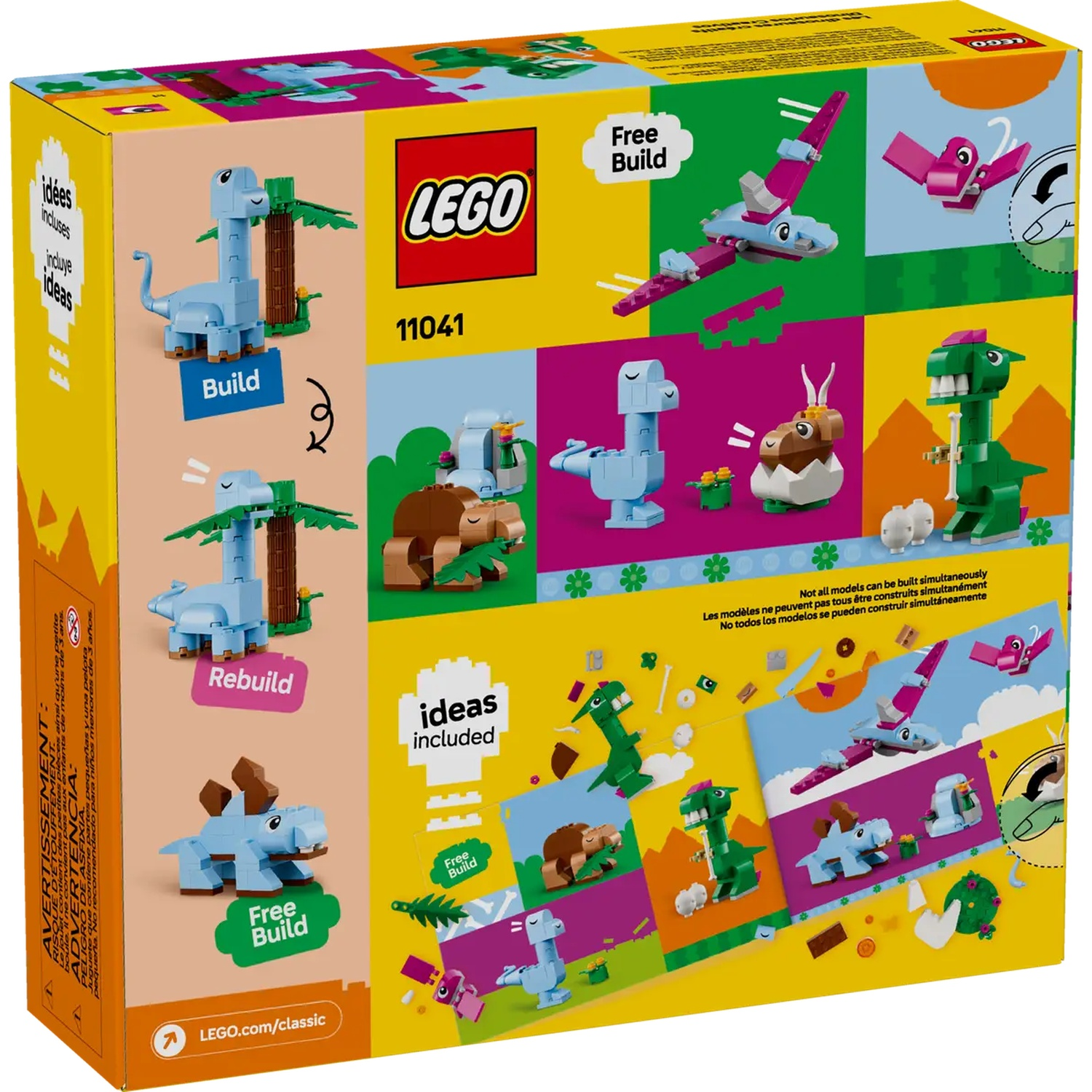 Une boîte Lego montre diverses constructions de dinosaures : Brachiosaure bleu, T-Rex vert et ptérodactyles volants. La boîte est jaune et verte.
