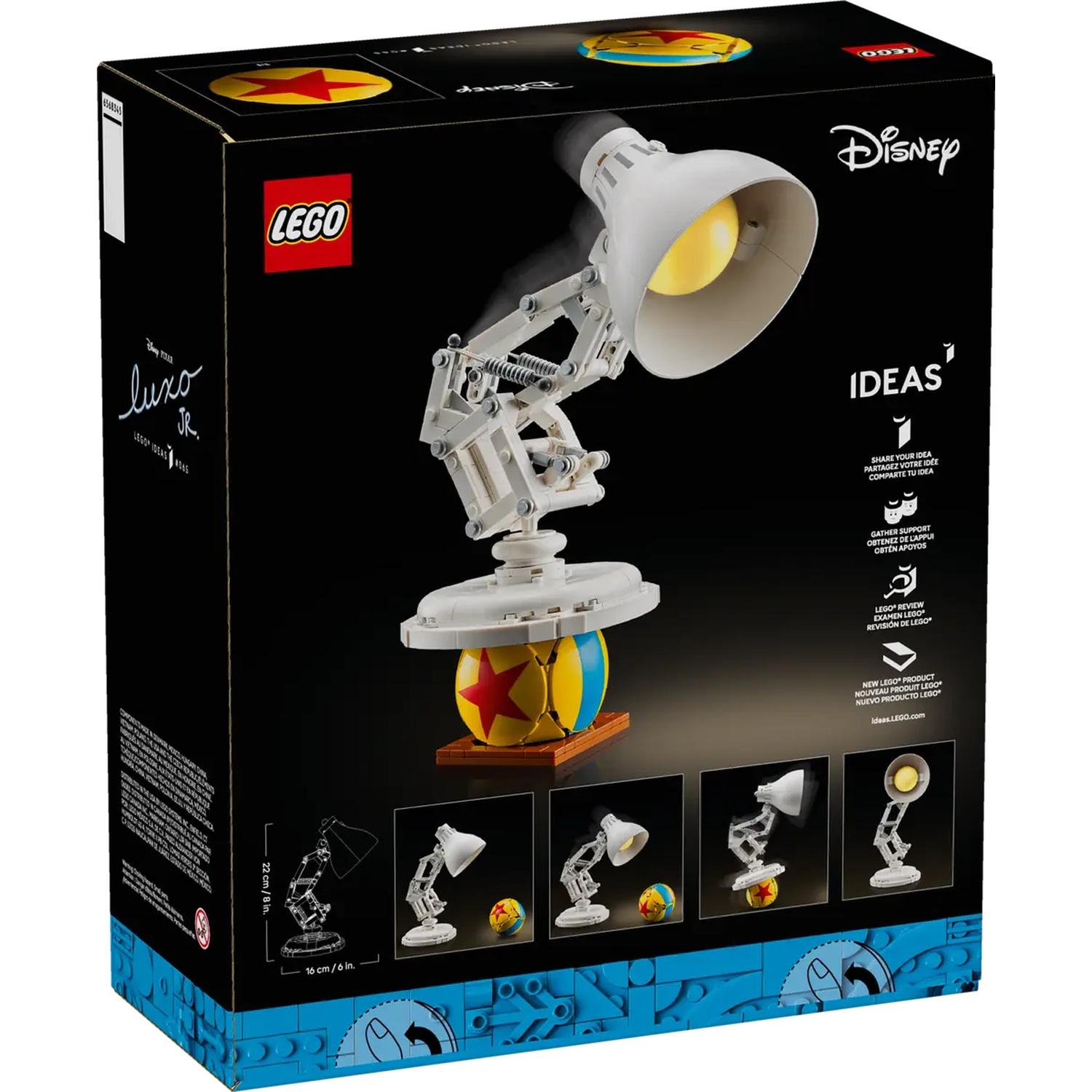 A Lego box set featuring Luxo Jr. lamp, a yellow ball with a red star, and the Disney logo.