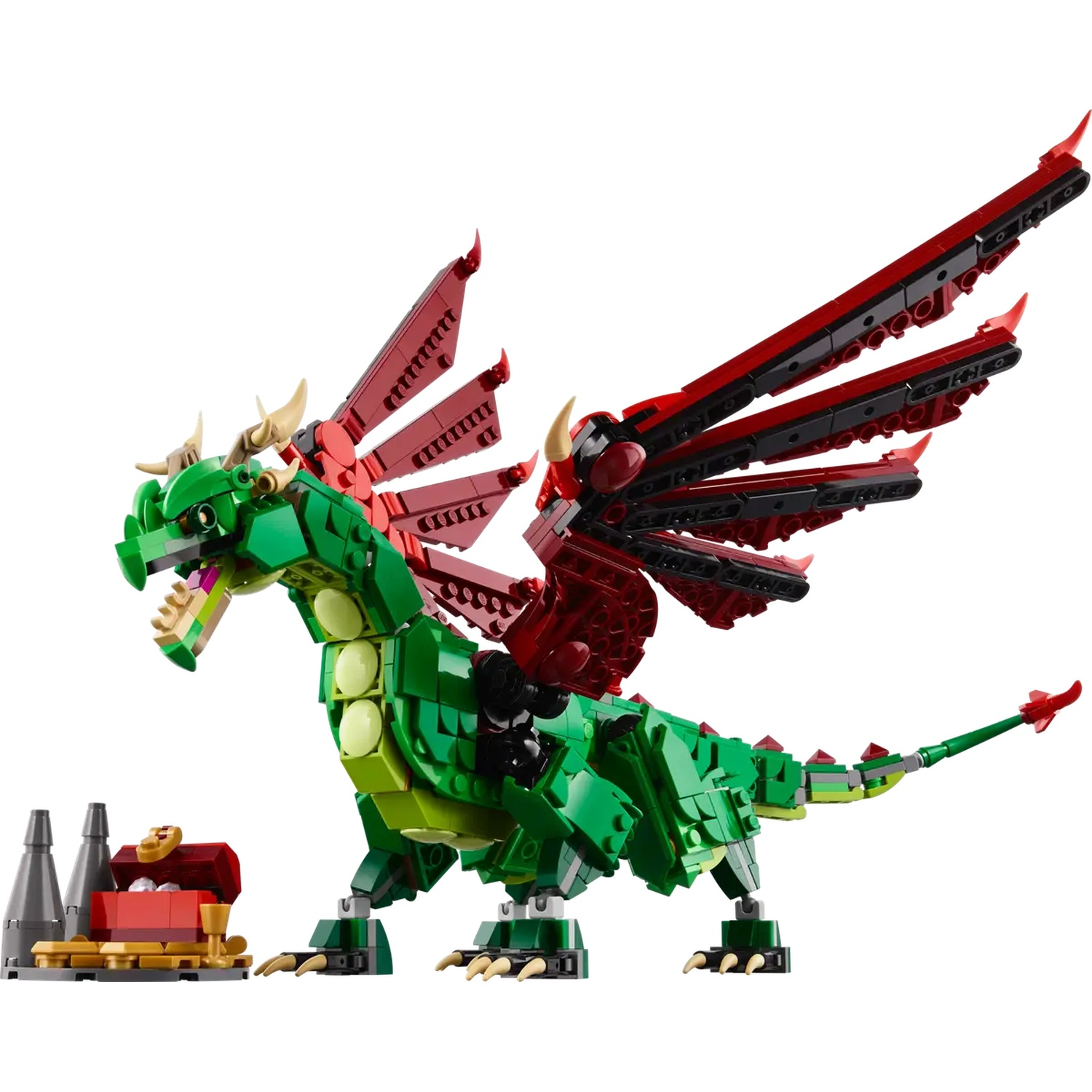 A Lego dragon, green body, red wings, and a treasure chest. Dragon is on a white surface.