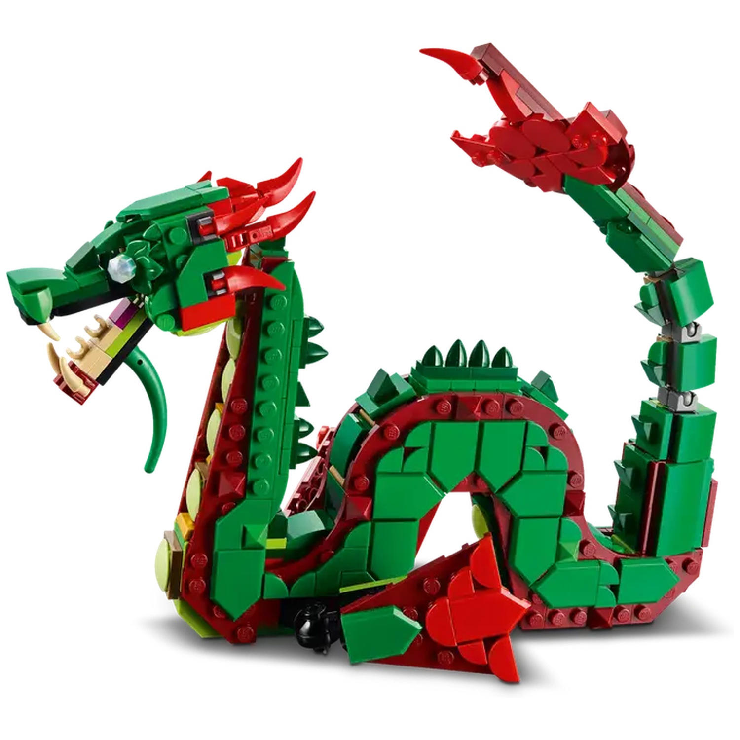 A Lego dragon, green and red, posed. It has horns, a long tail, and is made of blocks. The dragon looks fierce.