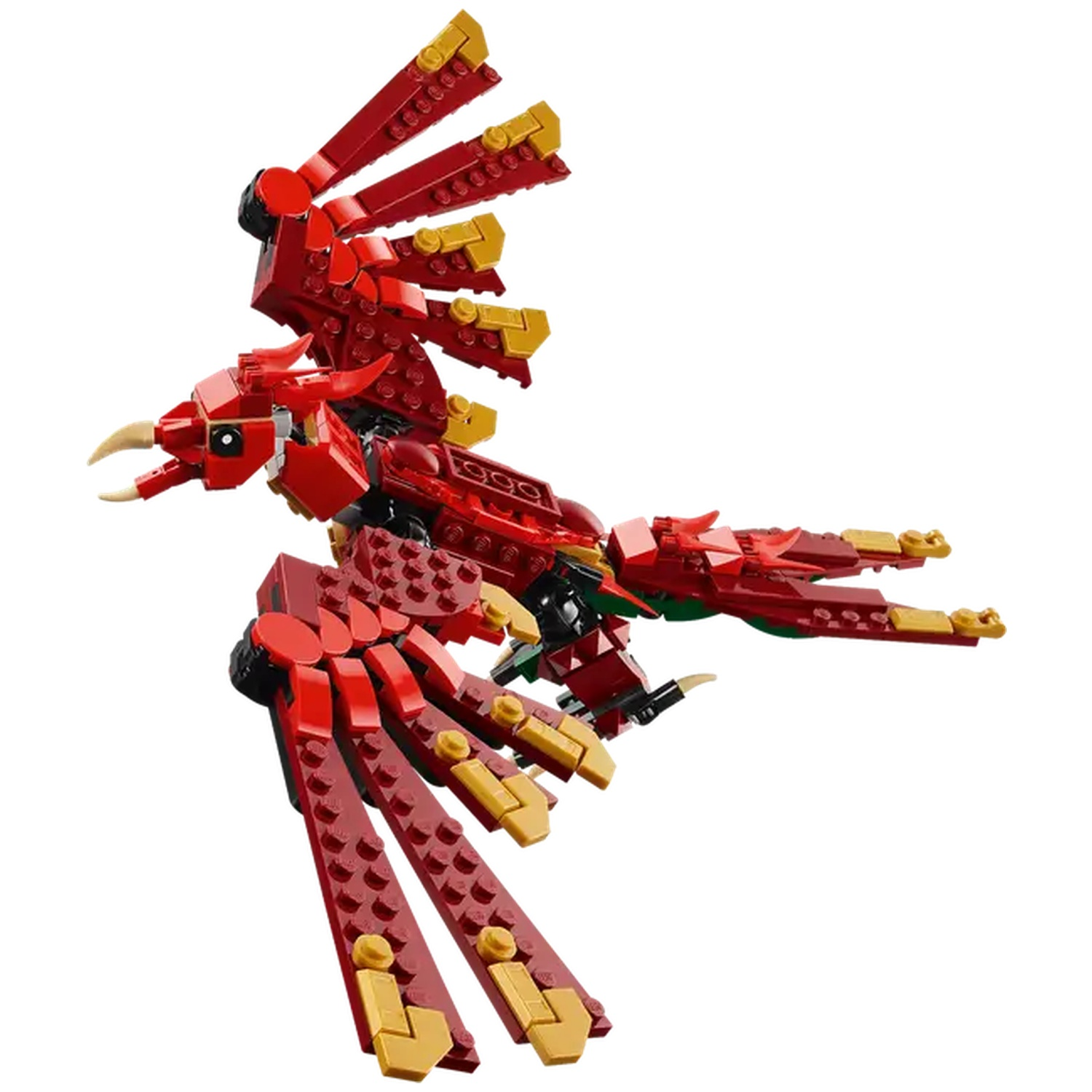 A red and gold Lego phoenix. It has large wings, a long tail, and a beak. The background is white.