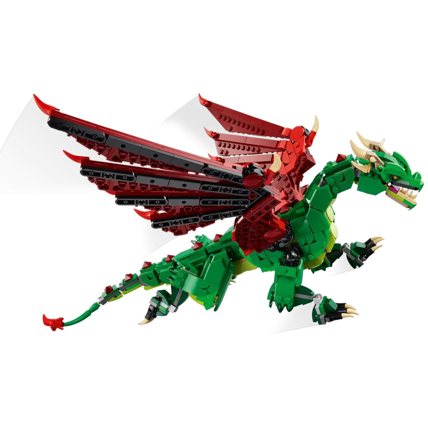 A Lego dragon is depicted mid-flight. It's primarily green, with red wings. The dragon has horns and is set against a white background.