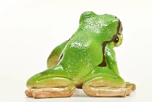Eine grüne Froschfigur, von hinten gesehen. Sie hat braune Markierungen und befindet sich vor einem weißen Hintergrund.