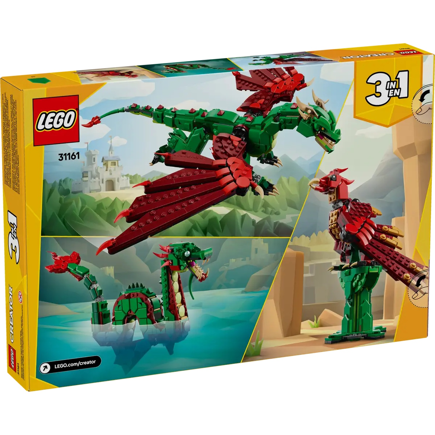 Lego box with 3 dragon builds: green dragon in the sky, green sea serpent, and red bird. Background shows a landscape.