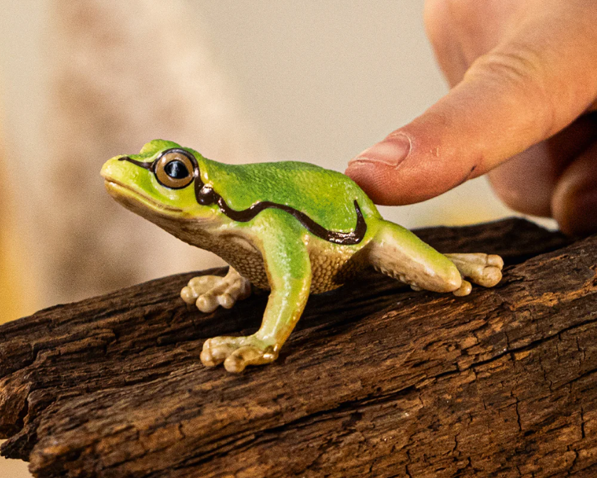 Eine grüne Froschfigur sitzt auf einem Holzstück. Ein Finger berührt sanft den Rücken des Frosches. Der Hintergrund ist unscharf.