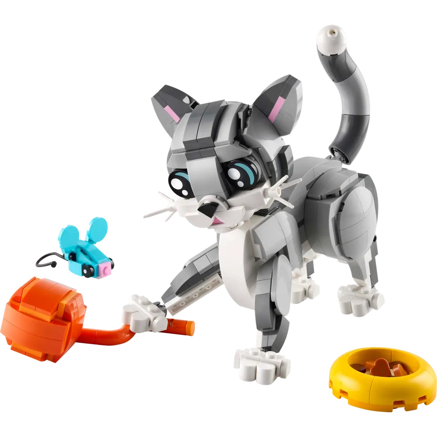 A Lego cat with grey and white fur is playing with a toy mouse and a food bowl. The background is white.