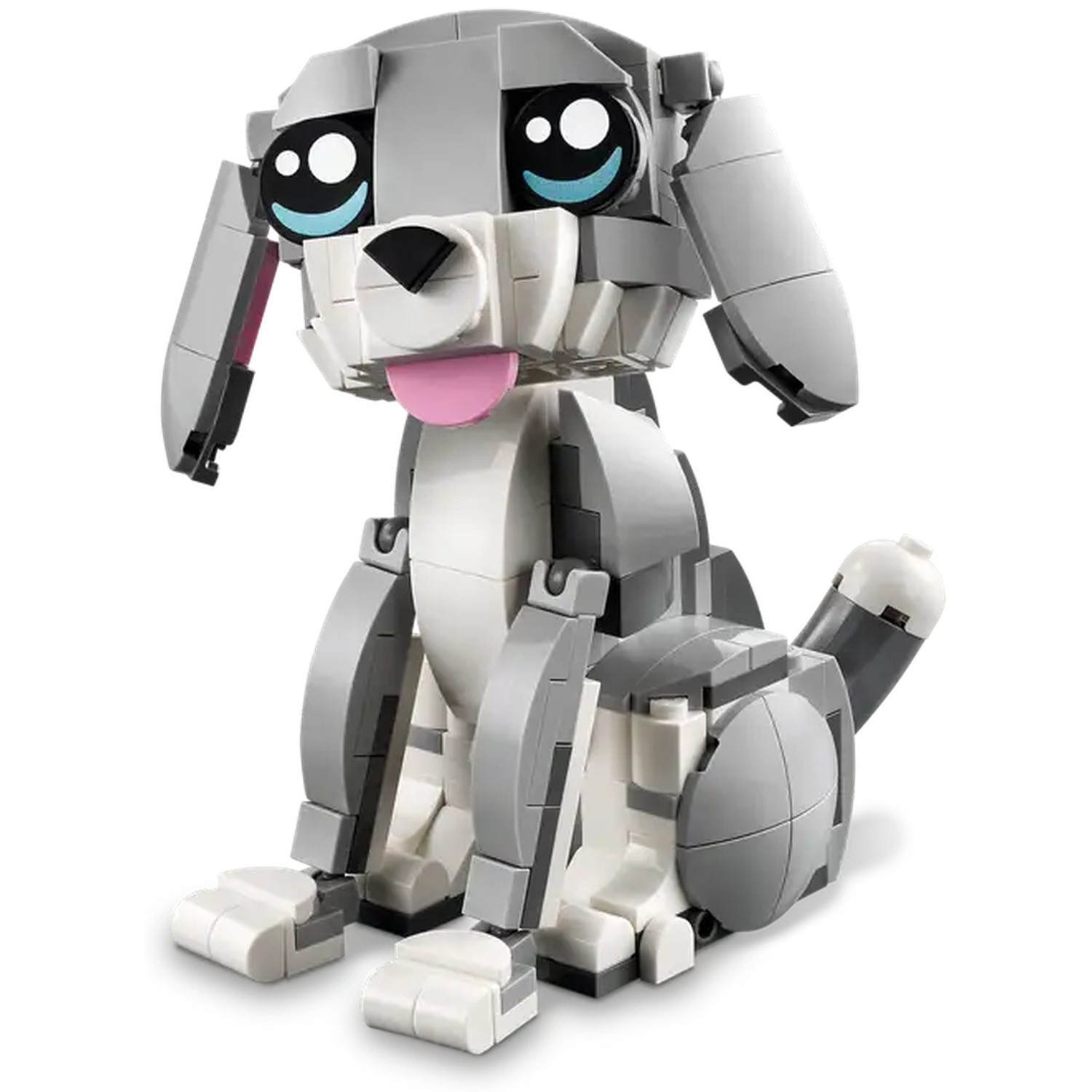 A Lego dog made of gray and white bricks. It has large black eyes, a pink tongue, and floppy ears. The dog is sitting.