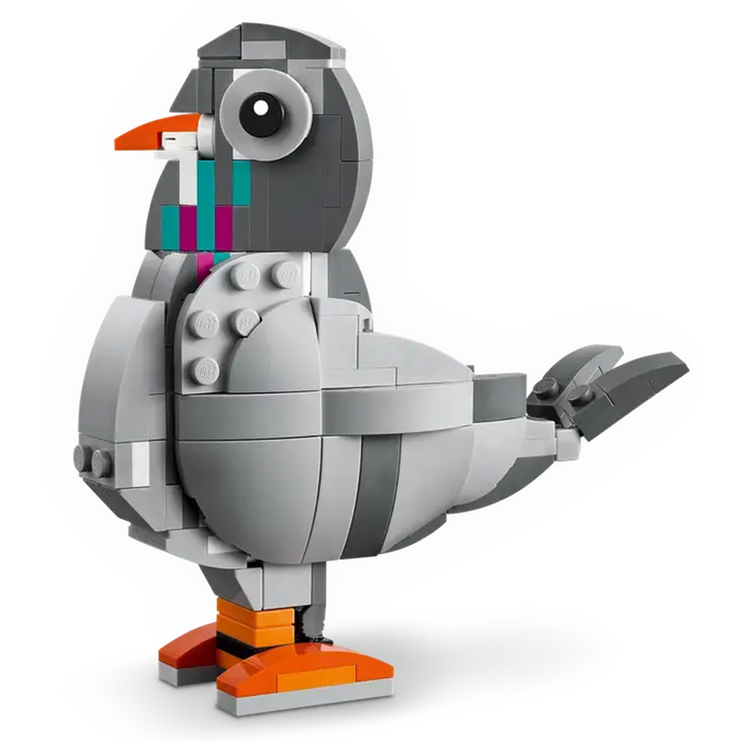 A Lego pigeon is depicted. The bird is gray with orange feet and beak. Its chest has colorful blocks. It stands against a white background.