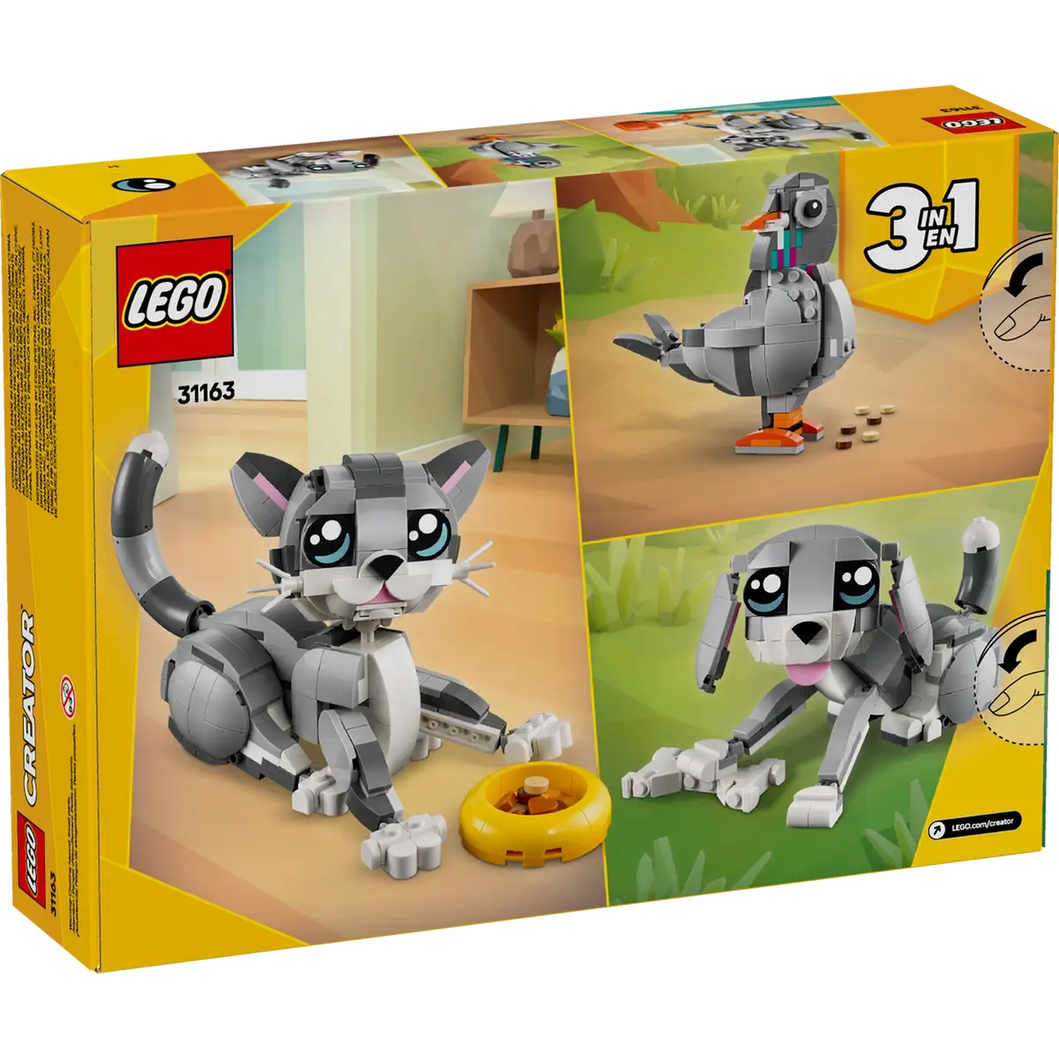 LEGO Creator 3-in-1 set. Includes cat, dog, and pigeon models made of gray and white bricks. The box is yellow and has the LEGO logo.
