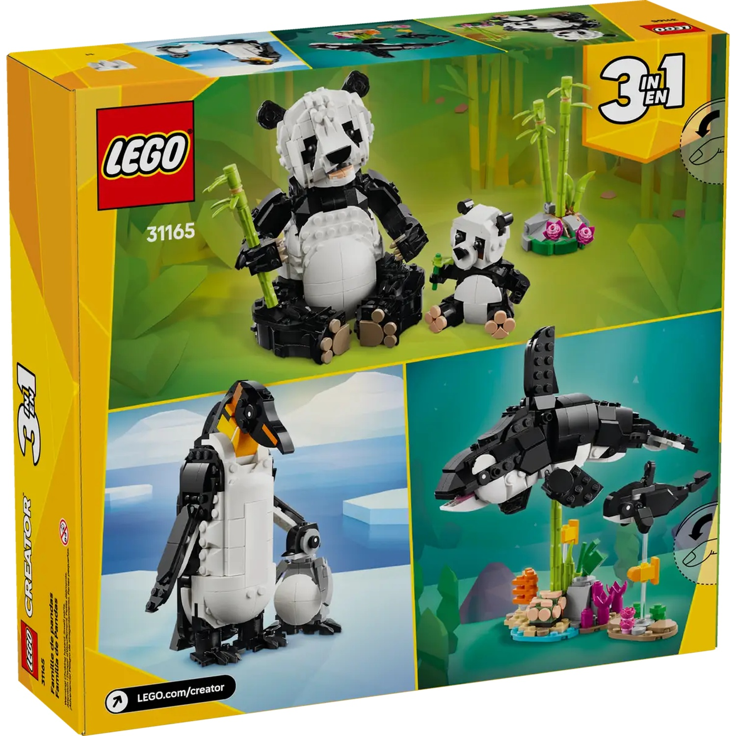 LEGO-boxset met panda-, pinguïn- en orkamodellen. Set bevat kleine LEGO-figuren, bamboe en bloemen.