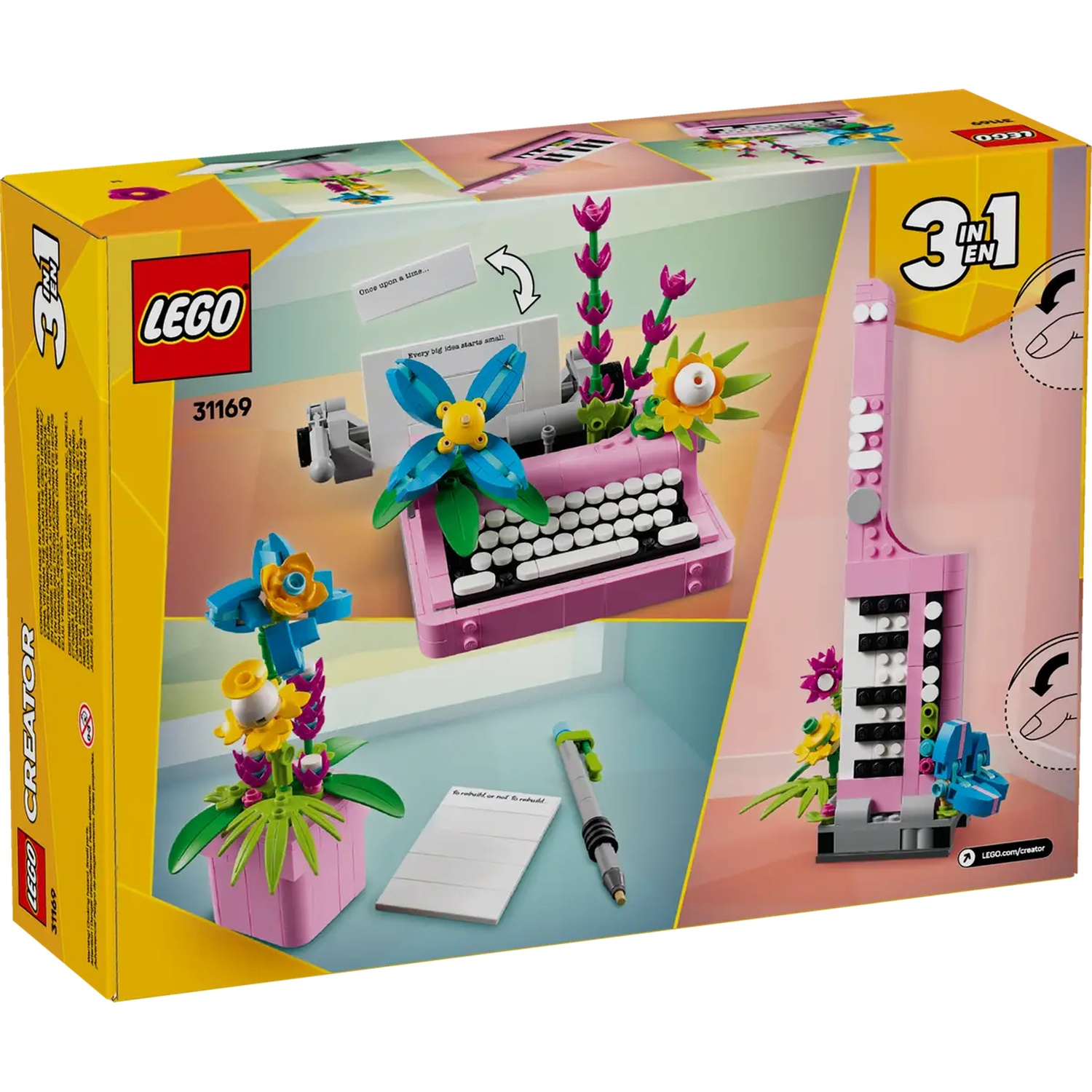 LEGO Creator-setdoos. Het bevat een roze typemachine, bloemen en een pianostructuur. De doos is geel en roze.